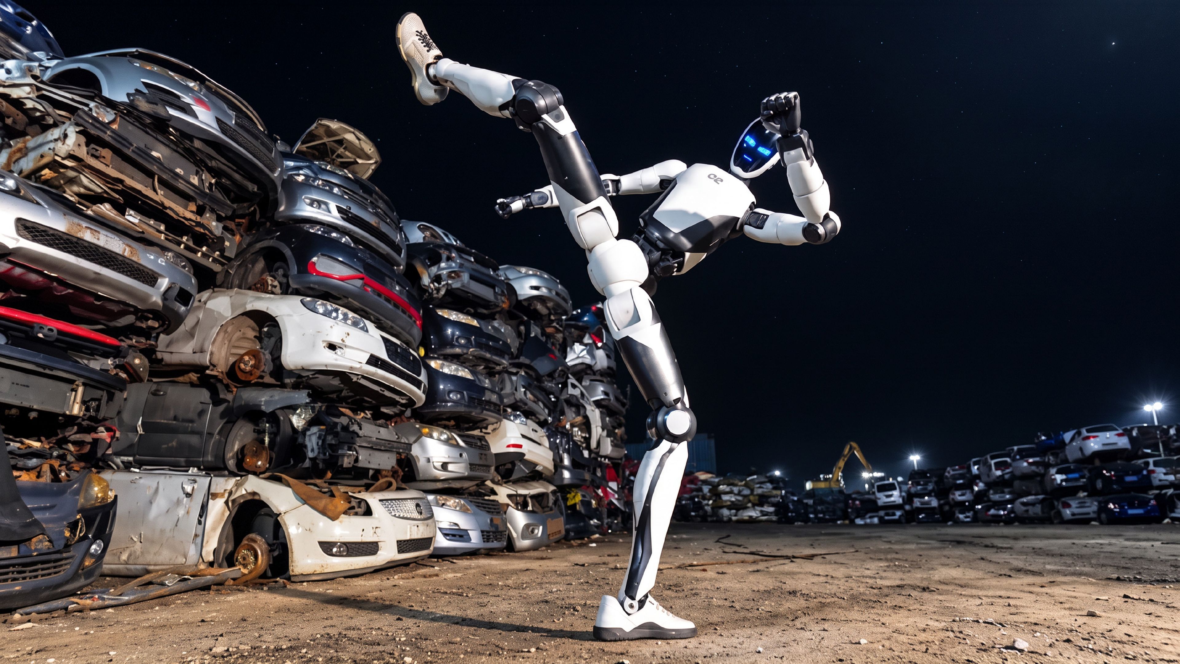 Unitree H2-X humanoid robot performs a high kick beside stacks of wrecked cars in a nighttime scrapyard demonstration.
