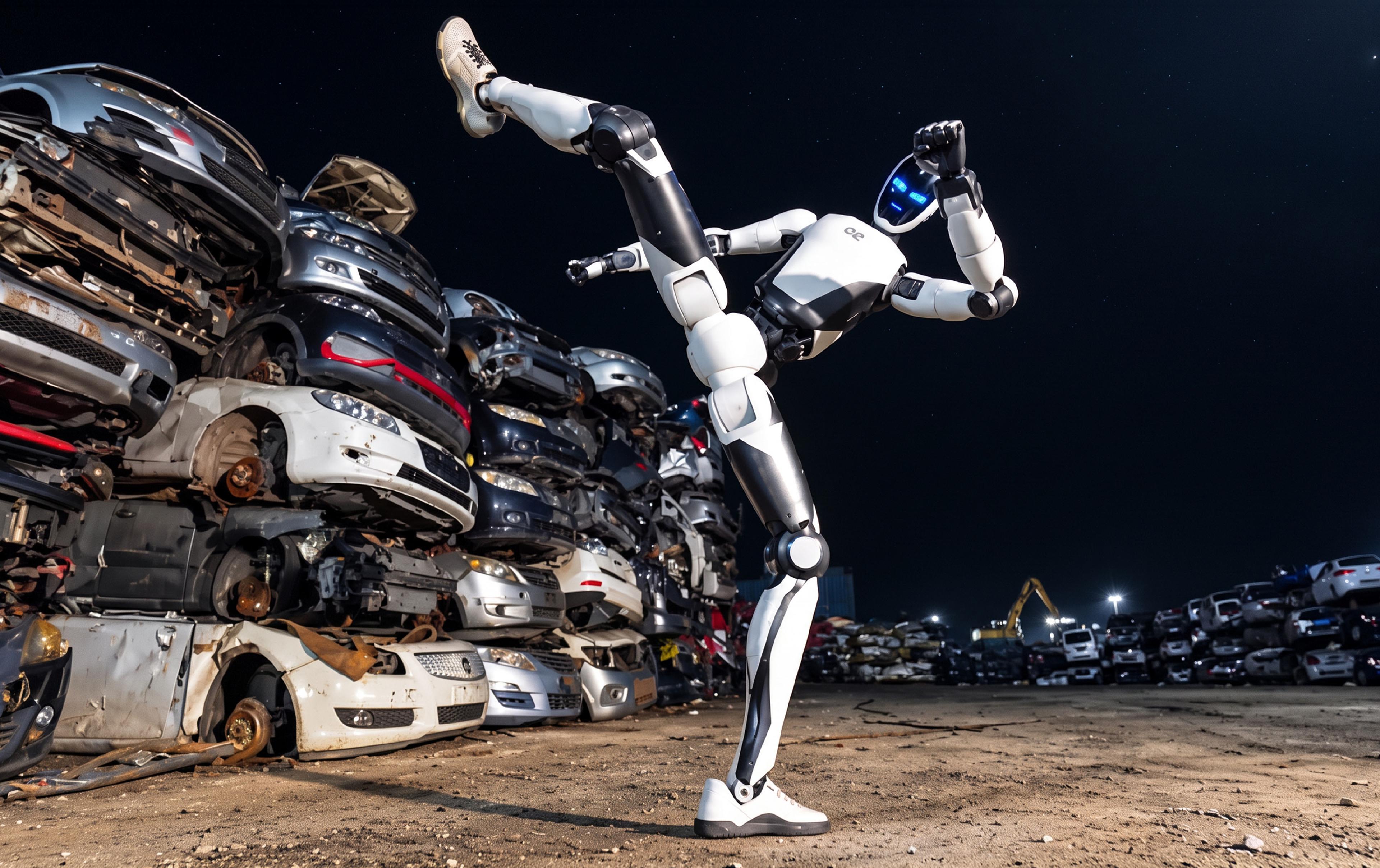 Unitree H2-X humanoid robot performs a high kick beside stacks of wrecked cars in a nighttime scrapyard demonstration.
