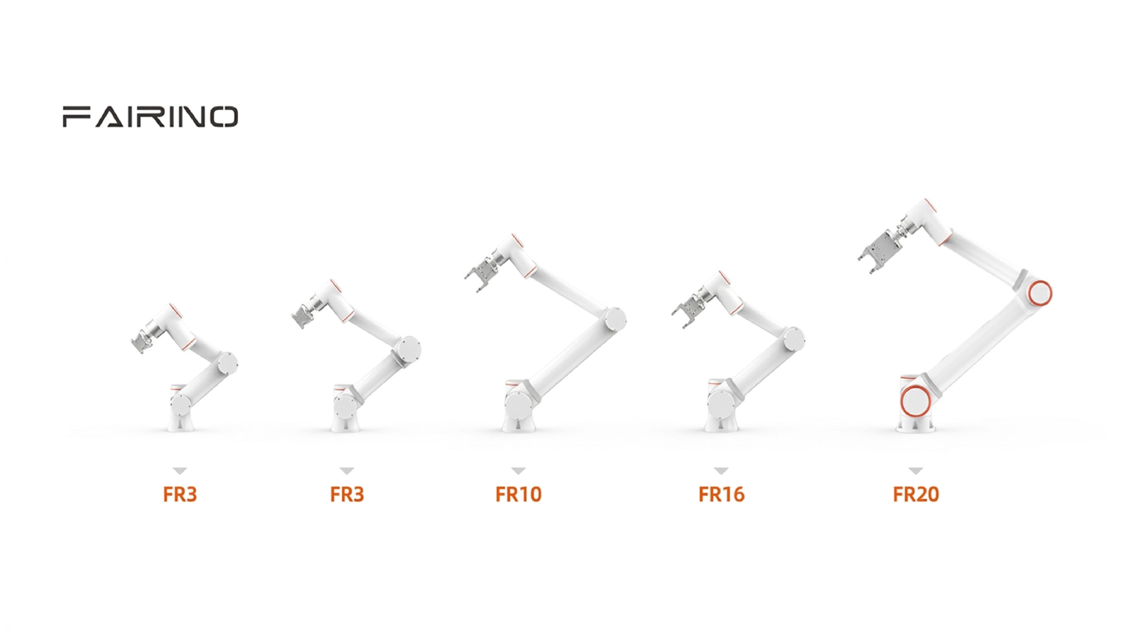 Five white FAIRINO collaborative robotic arms of varying sizes are displayed side by side.