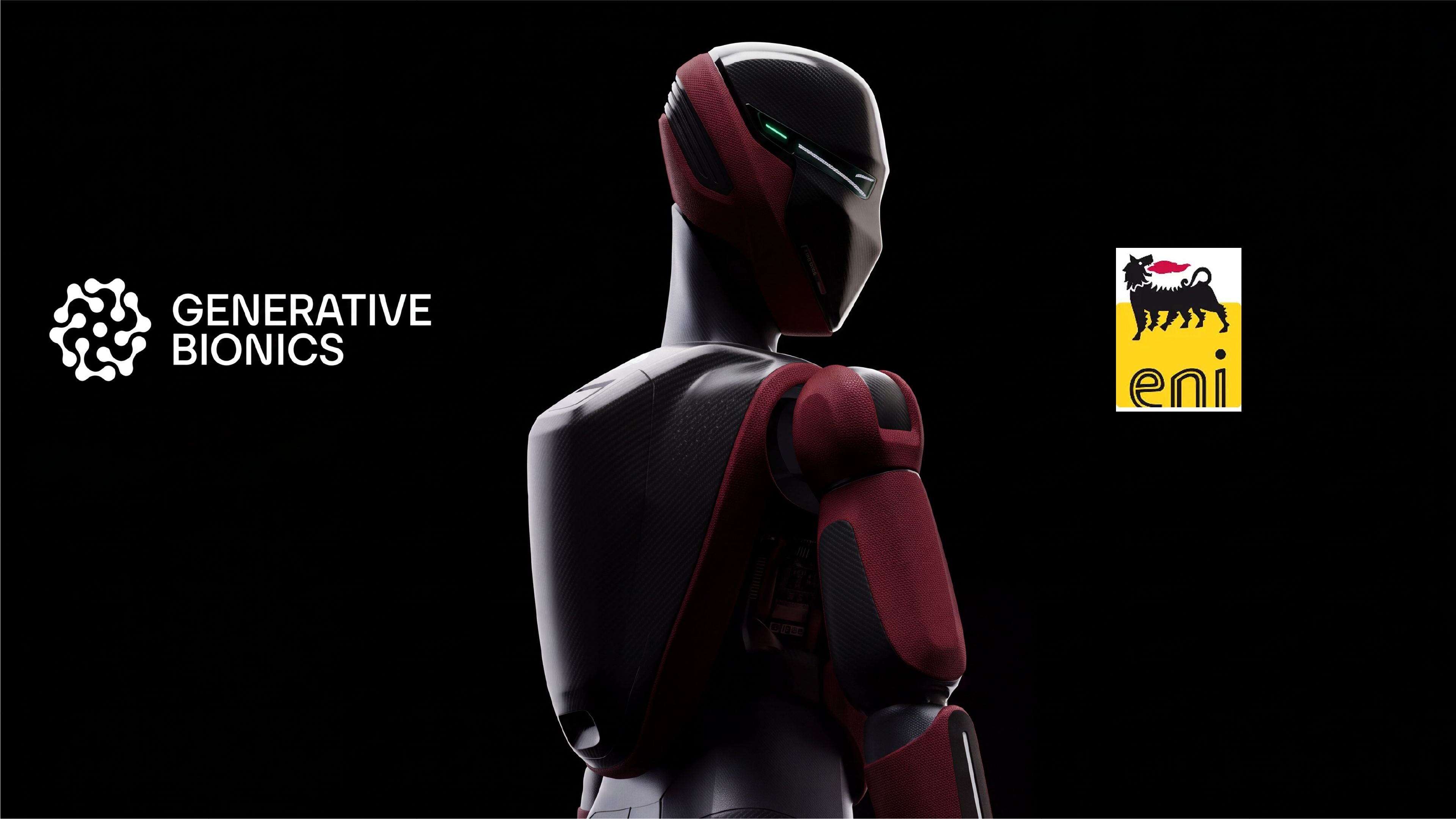 Generative Bionics’ GENE.01 humanoid robot pictured alongside the company's and Eni logos.