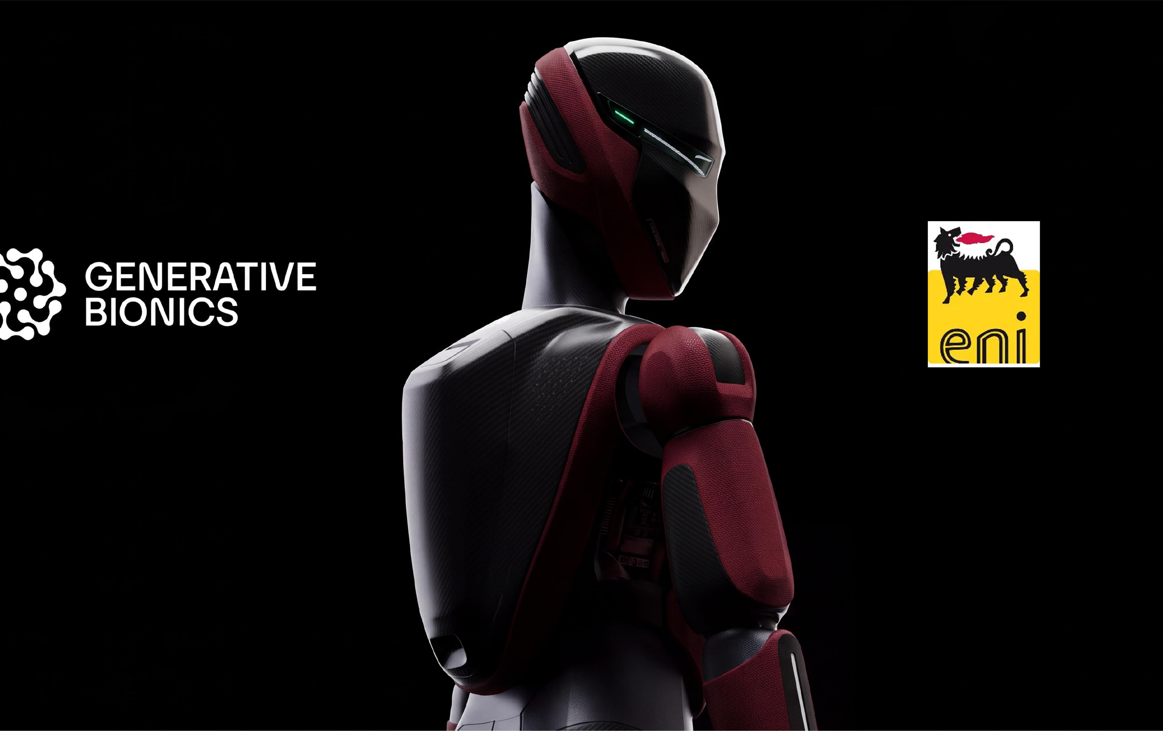 Generative Bionics’ GENE.01 humanoid robot pictured alongside the company's and Eni logos.