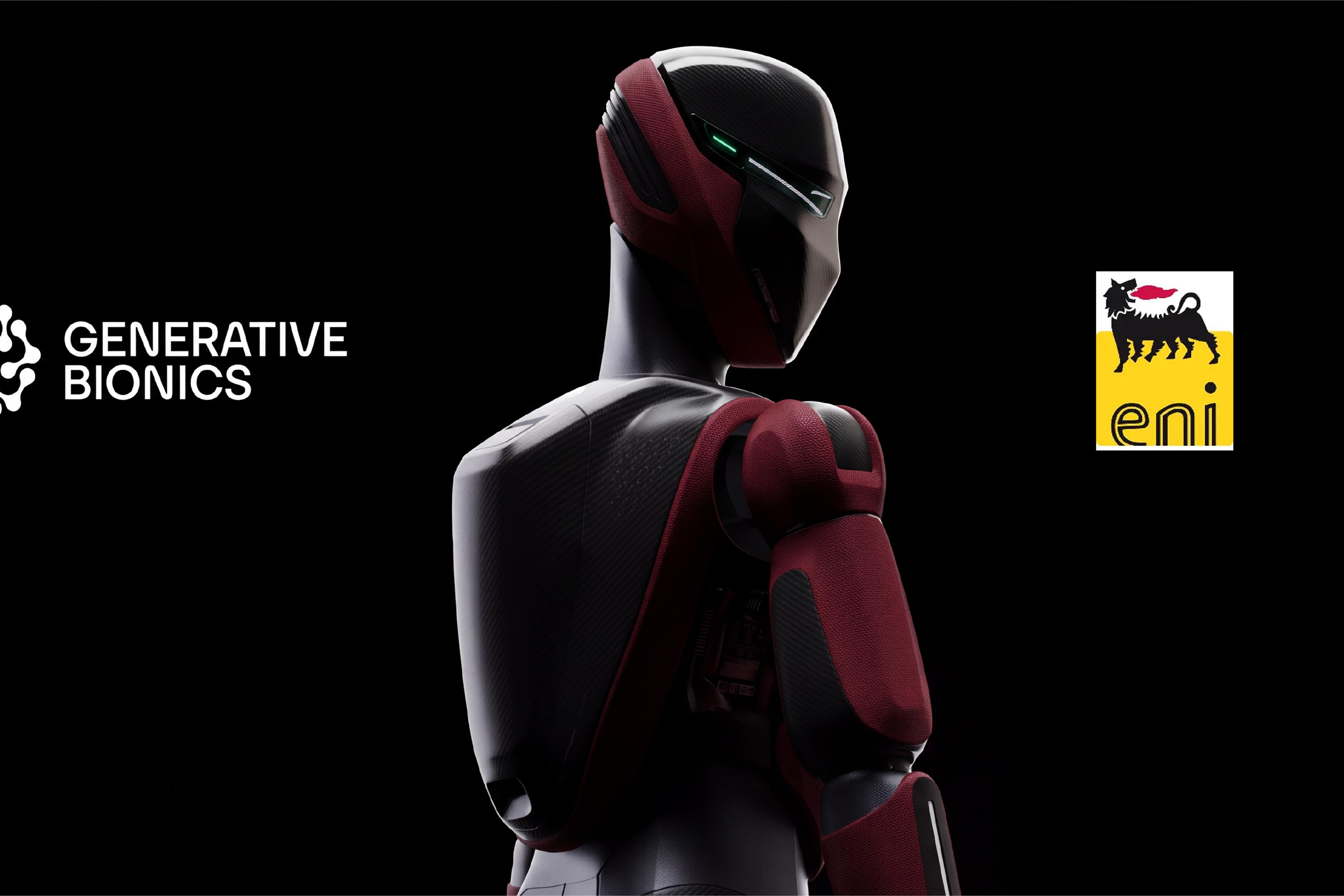 Generative Bionics’ GENE.01 humanoid robot pictured alongside the company's and Eni logos.