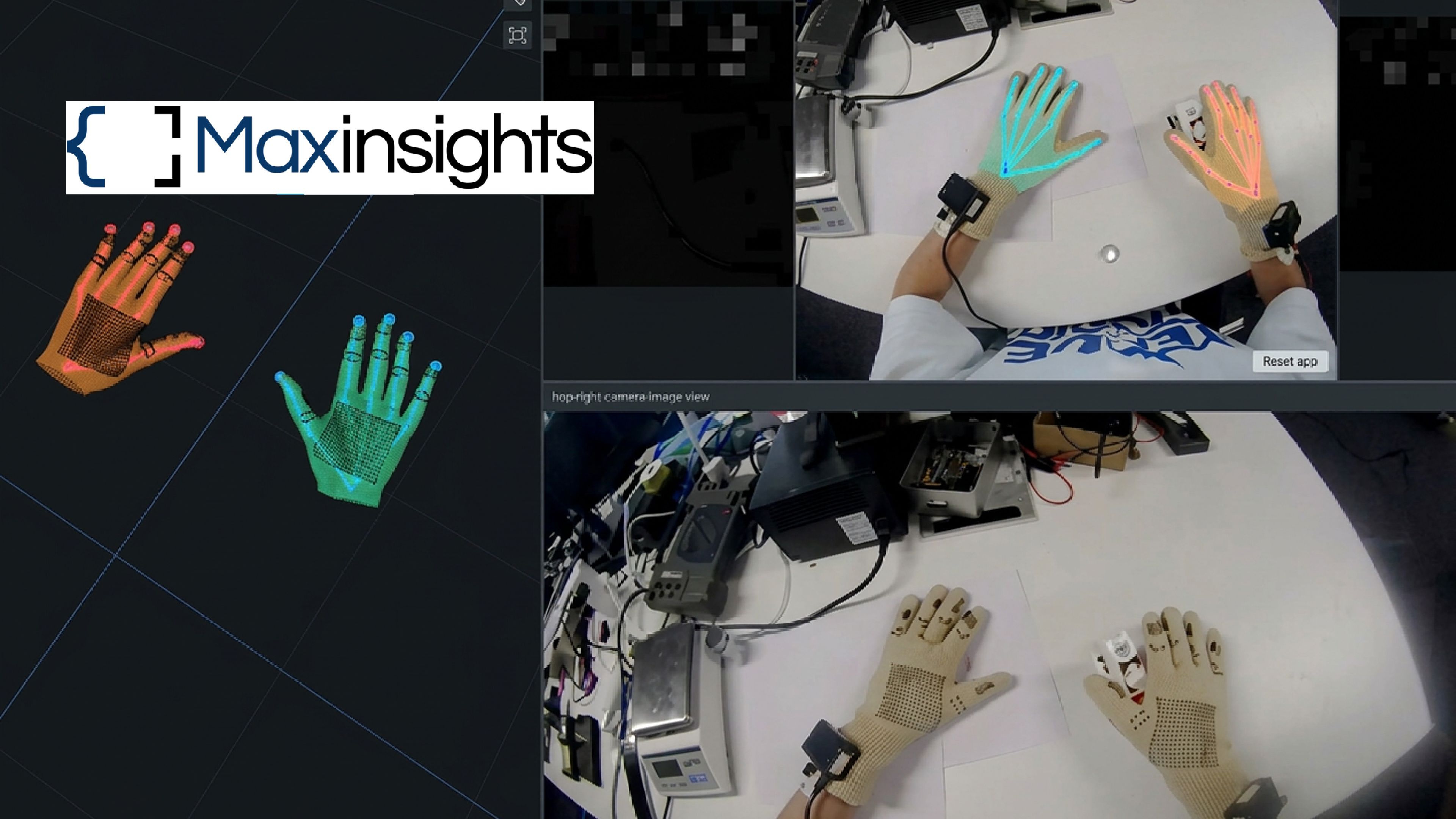 Maxinsights' MaxGlove sensor gloves shown during testing, with camera views and digital hand-tracking visualizations displaying finger positions and movements.