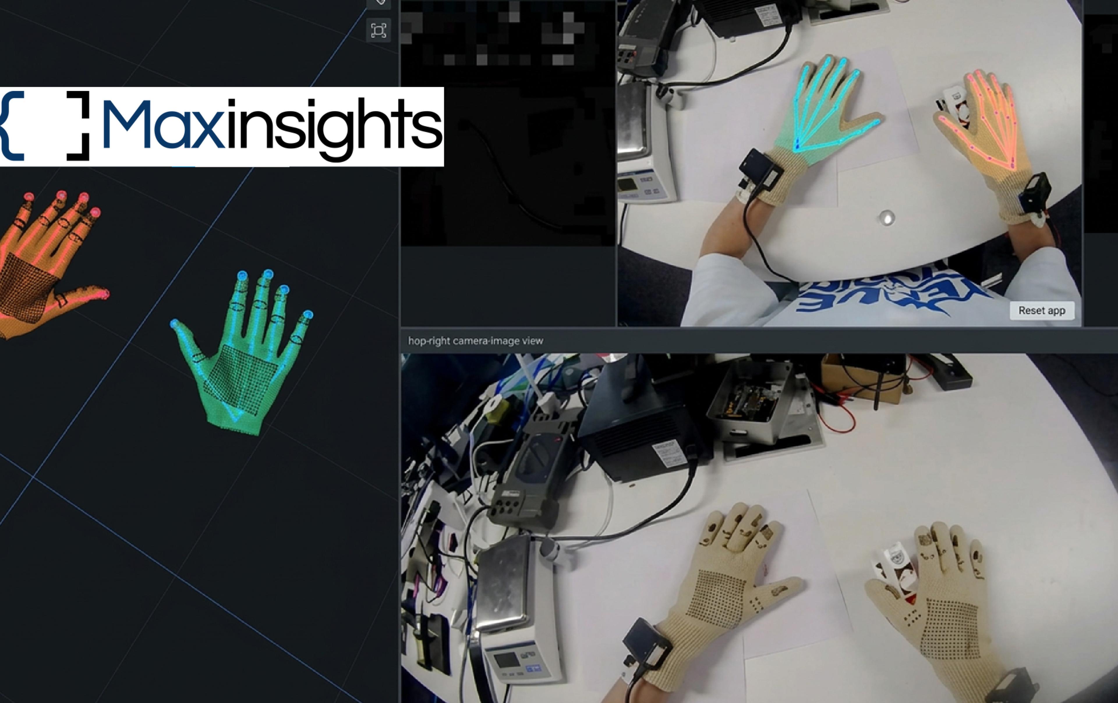 Maxinsights' MaxGlove sensor gloves shown during testing, with camera views and digital hand-tracking visualizations displaying finger positions and movements.