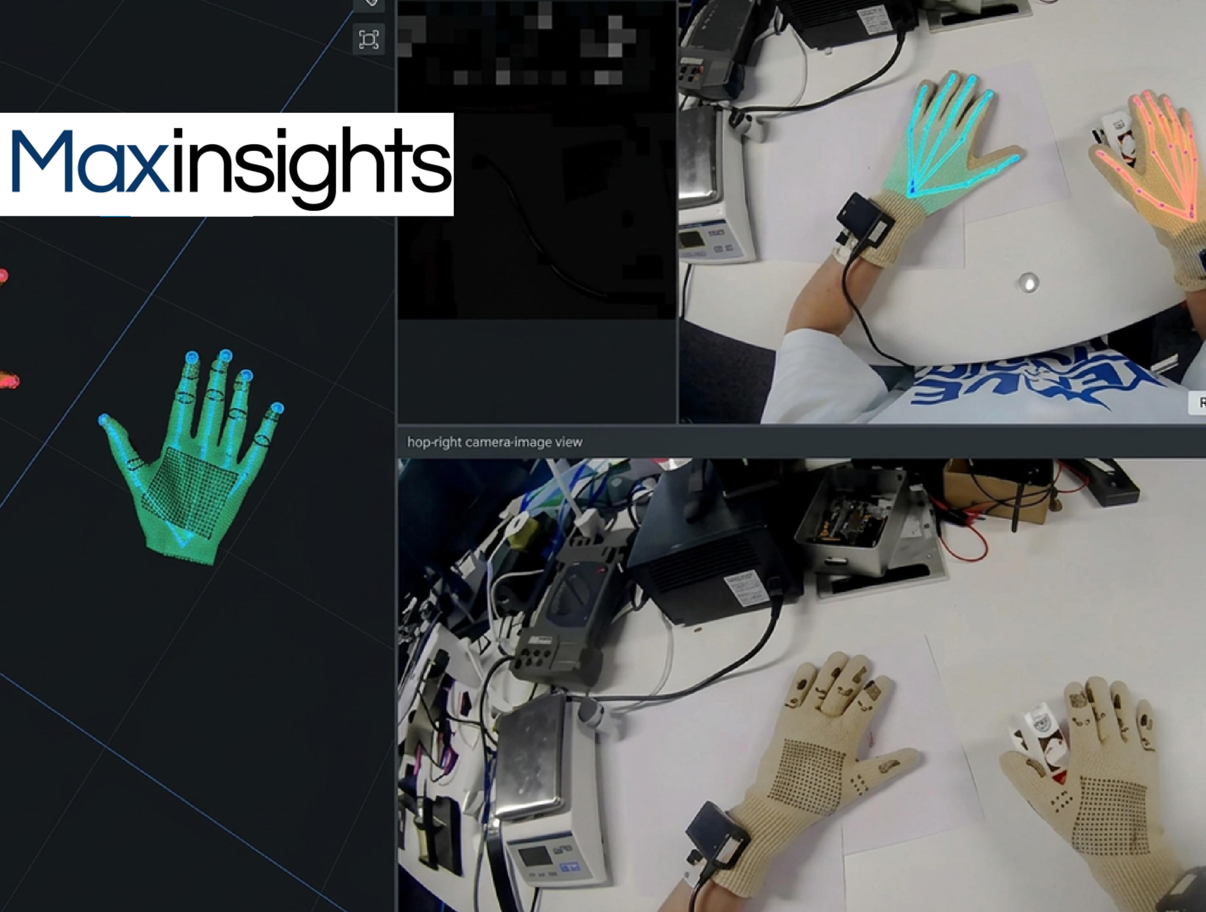 Maxinsights' MaxGlove sensor gloves shown during testing, with camera views and digital hand-tracking visualizations displaying finger positions and movements.