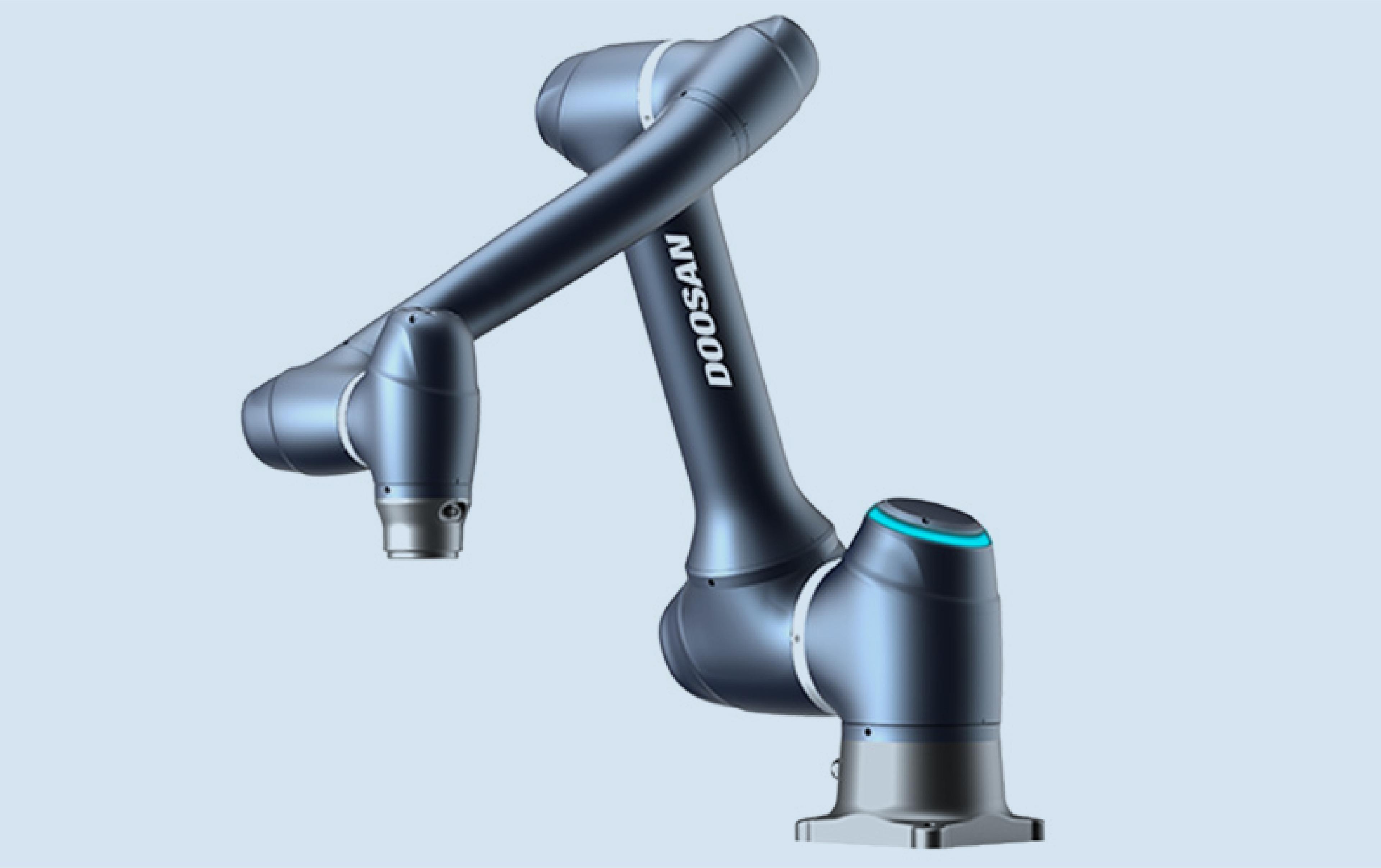 Doosan Robotics collaborative robot arm shown against a light blue background.