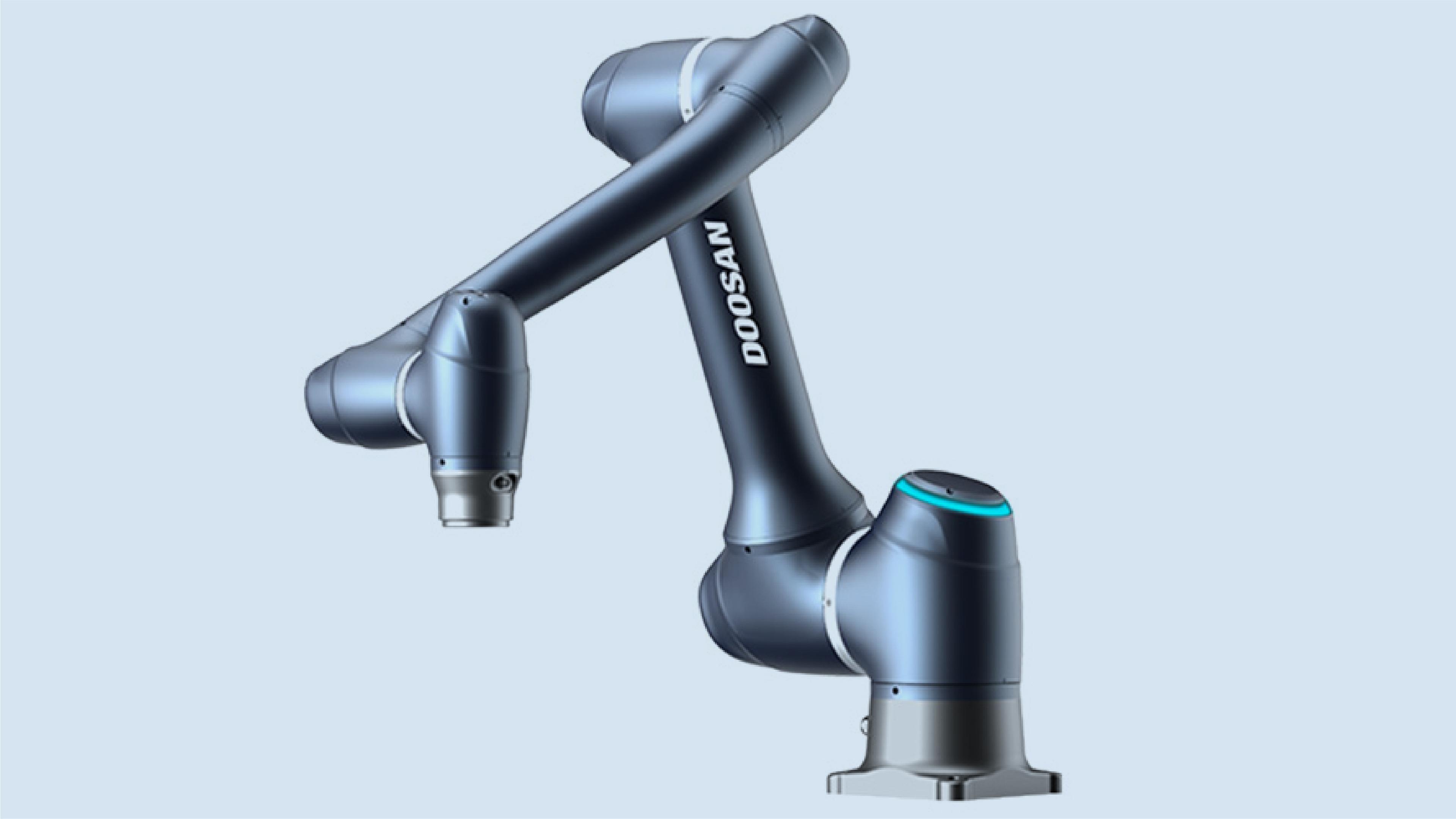 Doosan Robotics collaborative robot arm shown against a light blue background.