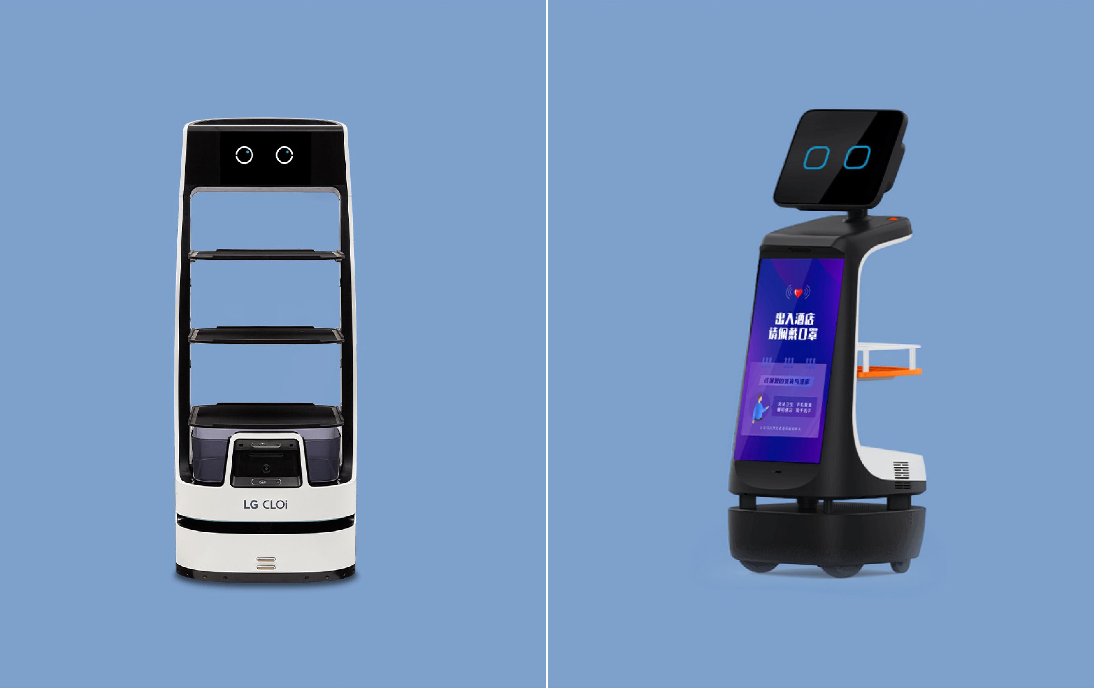 Side-by-side comparison image: LG CLOi ServeBot, a white multi-tray delivery robot with a black sensor head and tray shelves, next to Beijing Robint's Joy robot, a black reception robot with a tablet-style face display, a large purple touchscreen body, and a side serving tray.