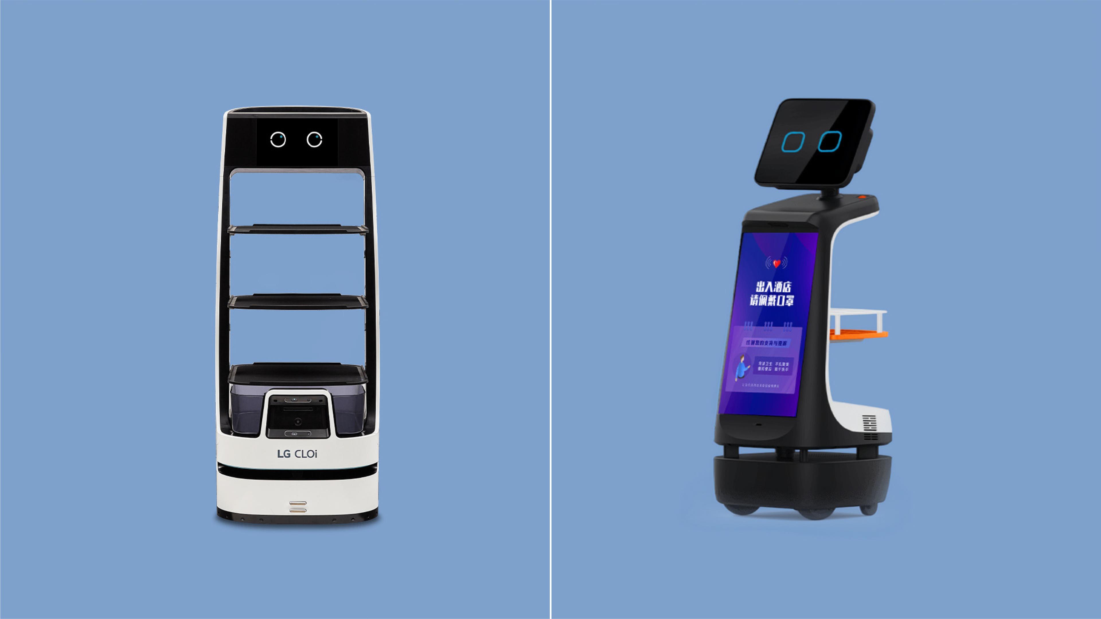Side-by-side comparison image: LG CLOi ServeBot, a white multi-tray delivery robot with a black sensor head and tray shelves, next to Beijing Robint's Joy robot, a black reception robot with a tablet-style face display, a large purple touchscreen body, and a side serving tray.