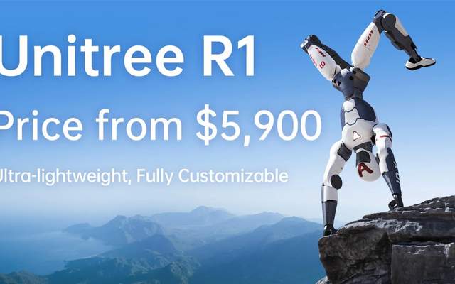 Promotional graphic reading "Unitree R1, price from $5,900, ultra-lightweight, fully customizable", with the robot doing a handstand on a clifftop
