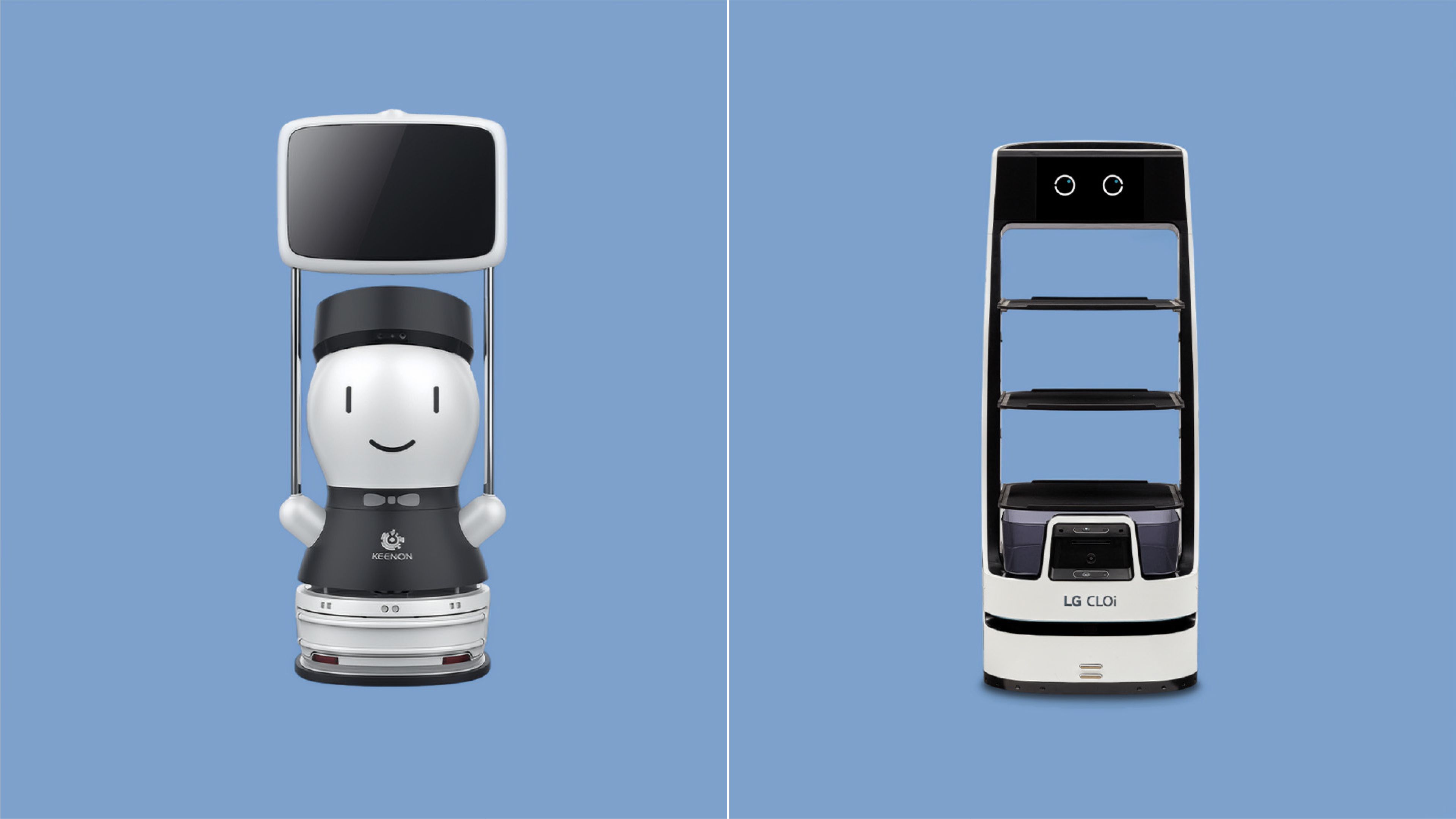 Side-by-side comparison of two service robots on a light blue background: on the left, the KEENON GuideBot G2, a white robot with a friendly cartoon-style face, a bow tie, small arm-like protrusions, and a black display screen mounted above its head on thin metal supports; on the right, the LG CLOi ServeBot, a tall white and black robot with a sensor/camera panel at the top styled like eyes, three flat carrying shelves down its body, and a small screen near its base.