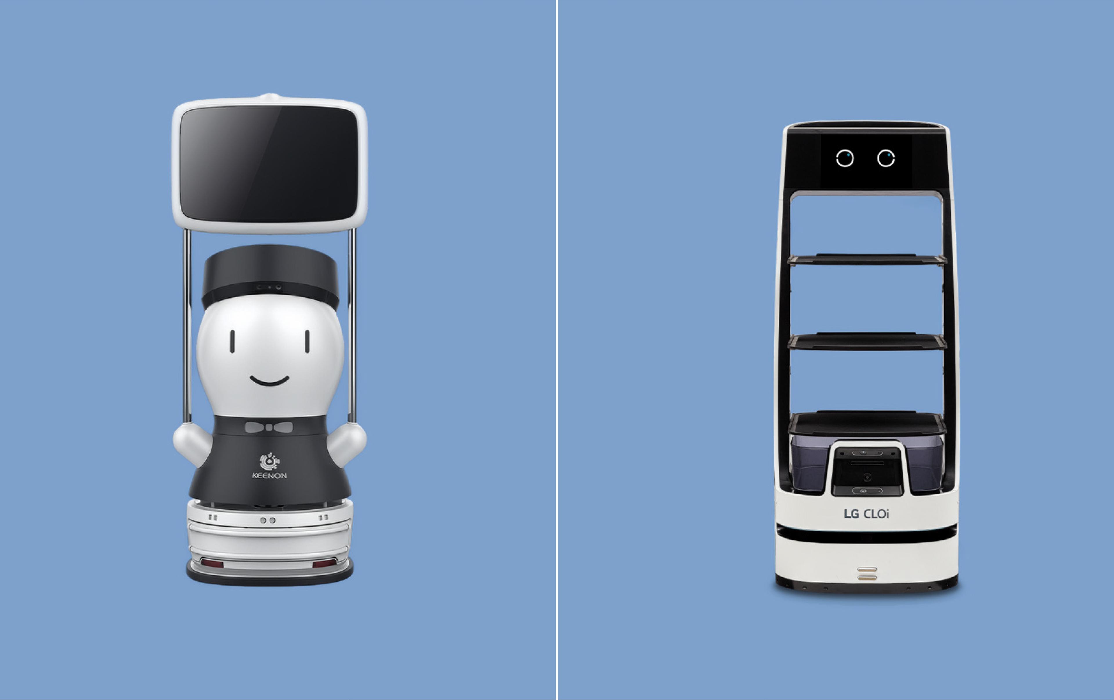Side-by-side comparison of two service robots on a light blue background: on the left, the KEENON GuideBot G2, a white robot with a friendly cartoon-style face, a bow tie, small arm-like protrusions, and a black display screen mounted above its head on thin metal supports; on the right, the LG CLOi ServeBot, a tall white and black robot with a sensor/camera panel at the top styled like eyes, three flat carrying shelves down its body, and a small screen near its base.