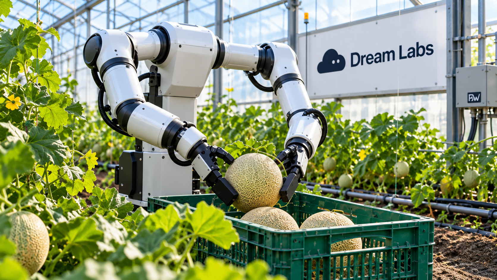 A dual-arm robot handles a melon in a greenhouse, with a Dream Labs sign in the background.