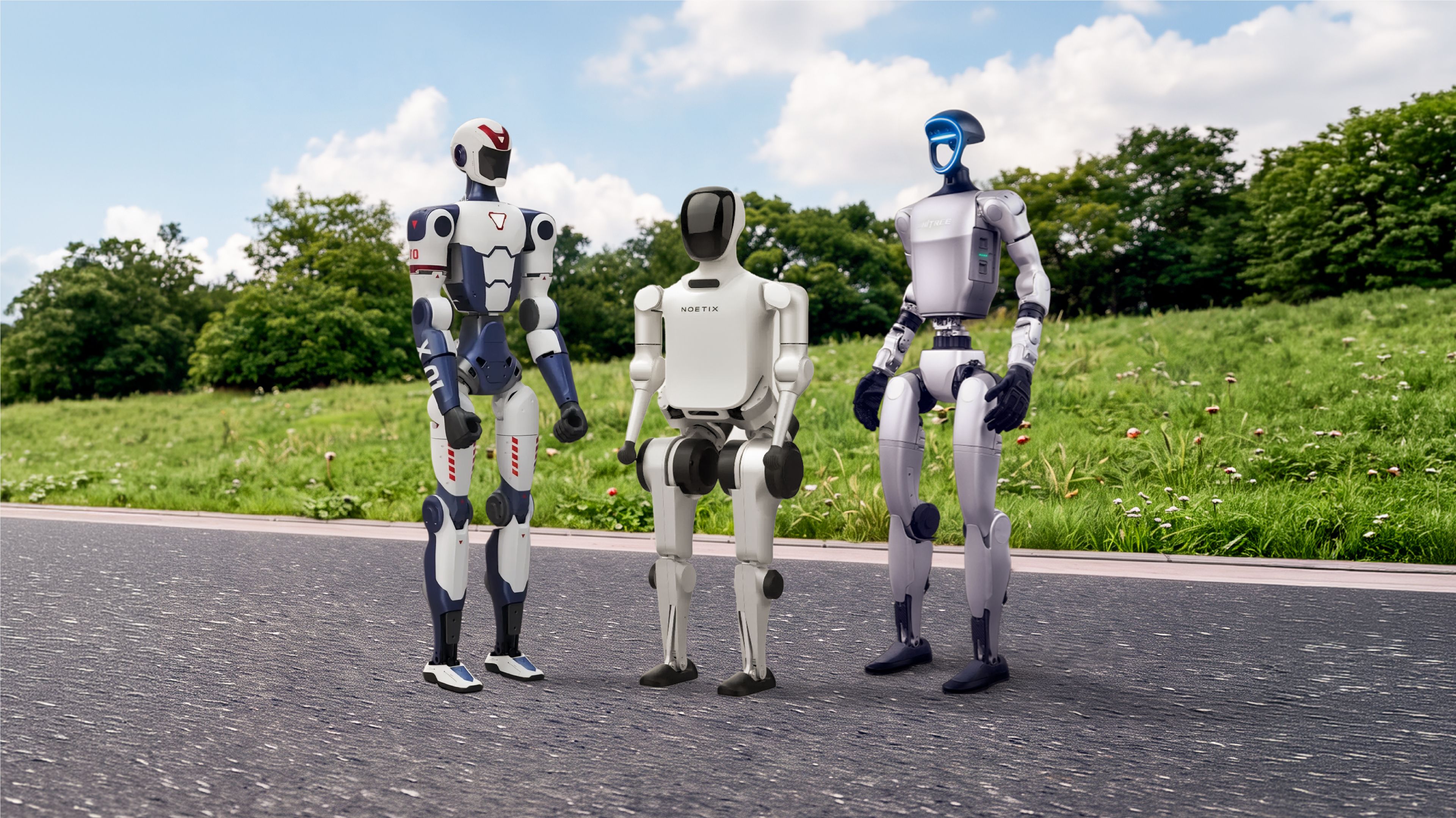 Three humanoid robots standing on a paved path beside a grassy field.