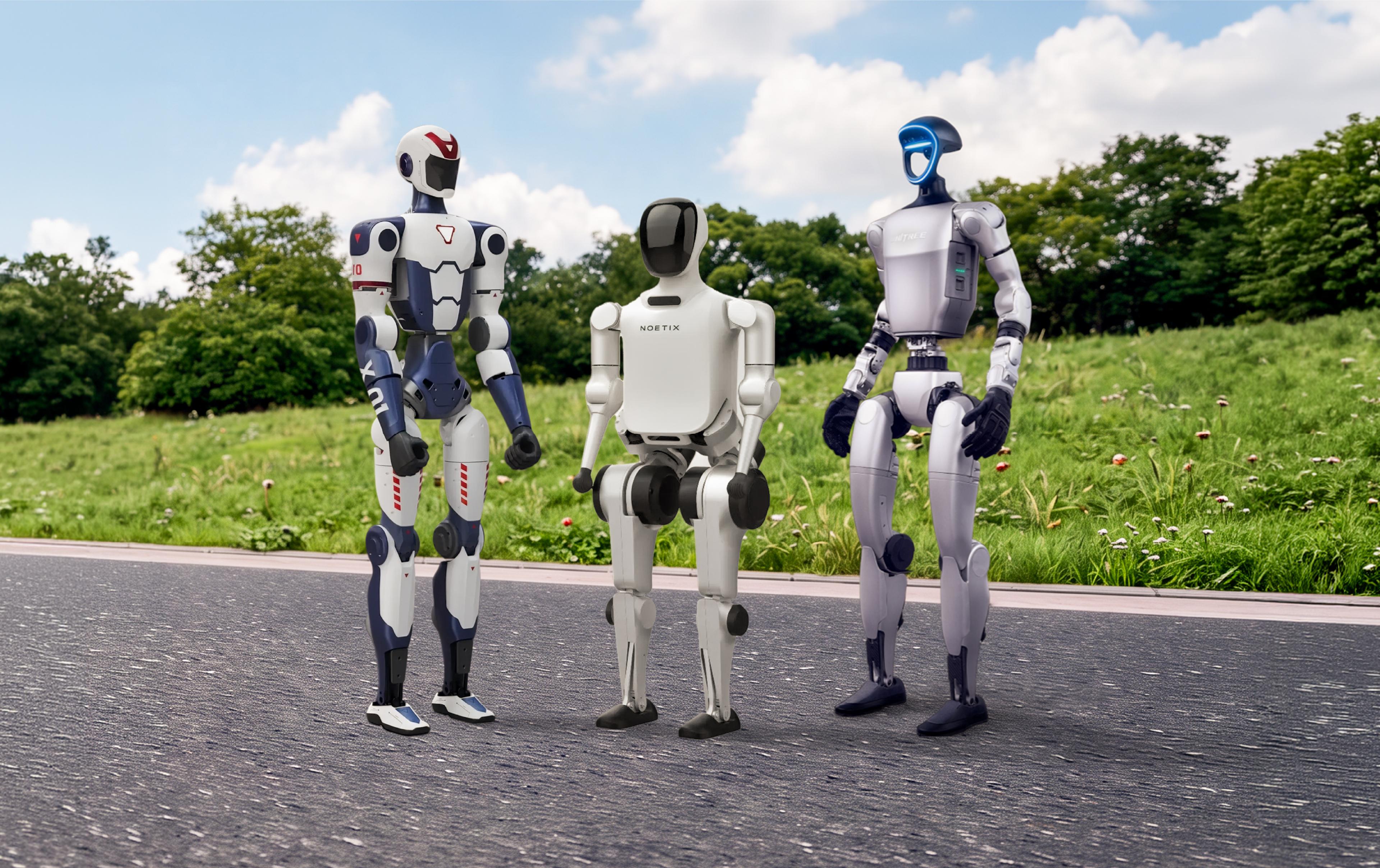Three humanoid robots standing on a paved path beside a grassy field.