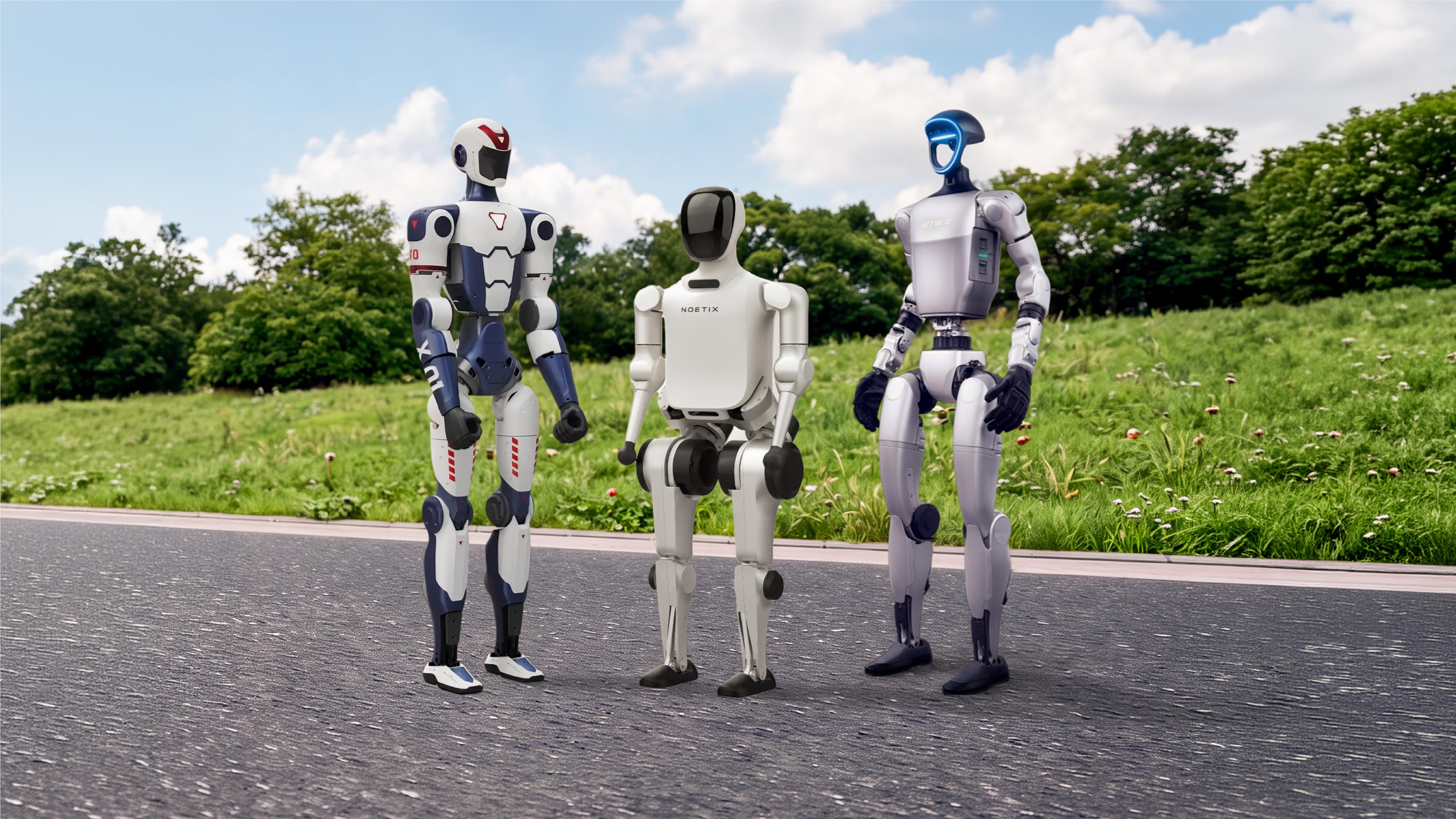 Three humanoid robots standing on a paved path beside a grassy field.