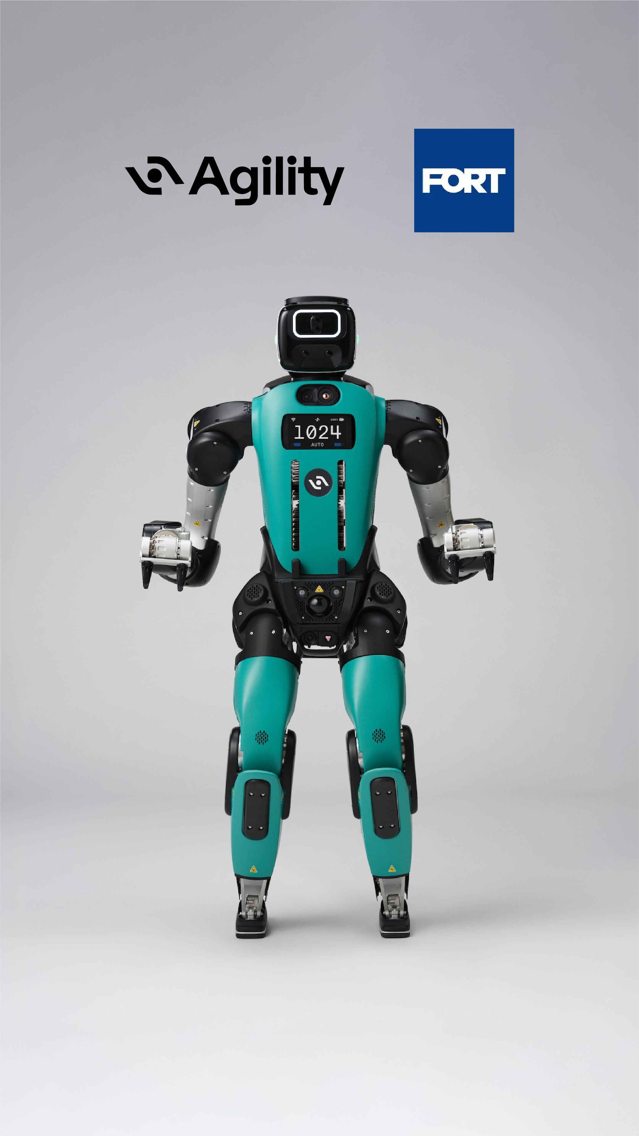 Agility Robotics’ Digit 5 humanoid robot pictured under the Agility and FORT Robotics logos.