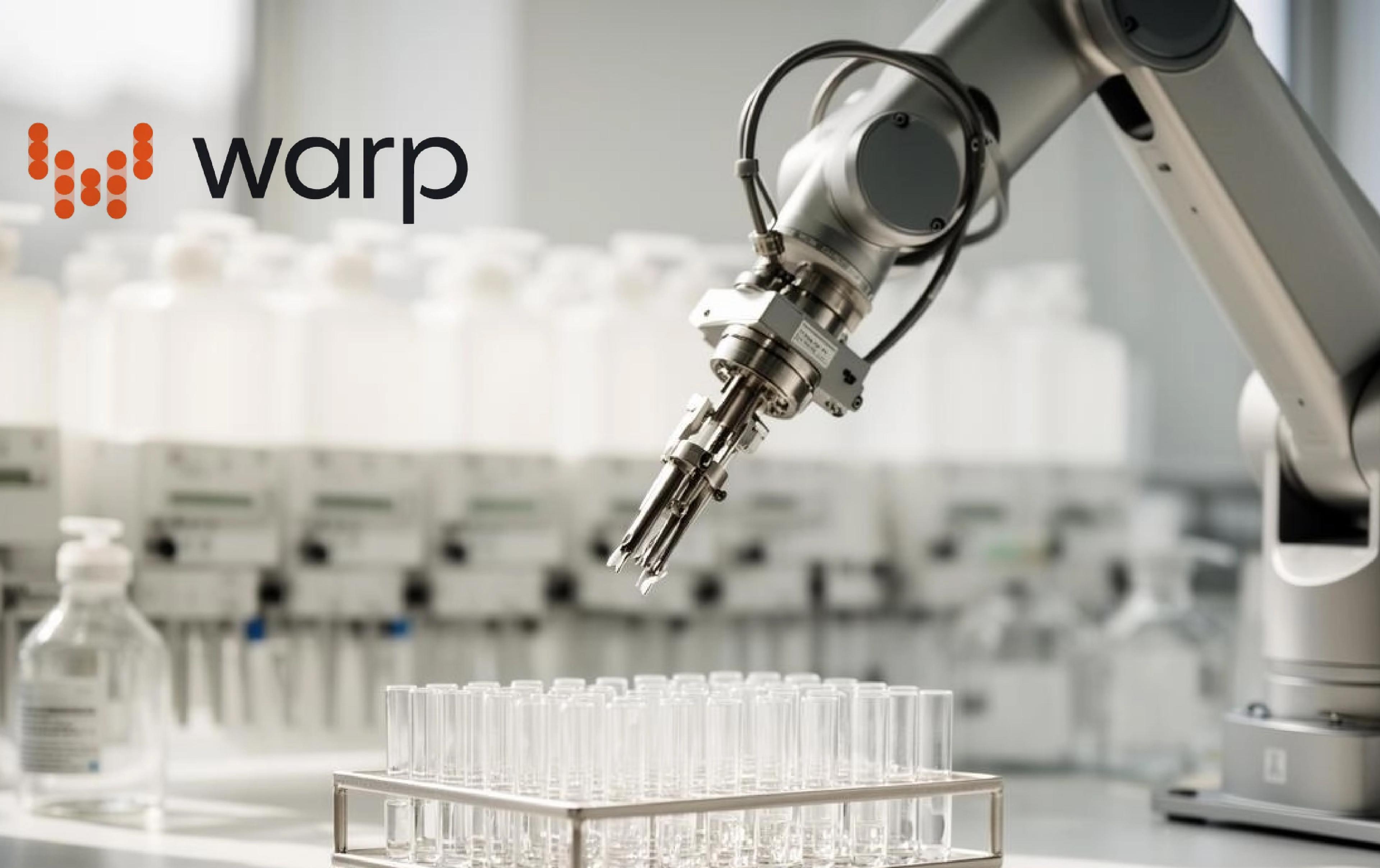 A robotic arm positioned above rows of laboratory test tubes, with the Warp Sciences logo in the upper left corner.