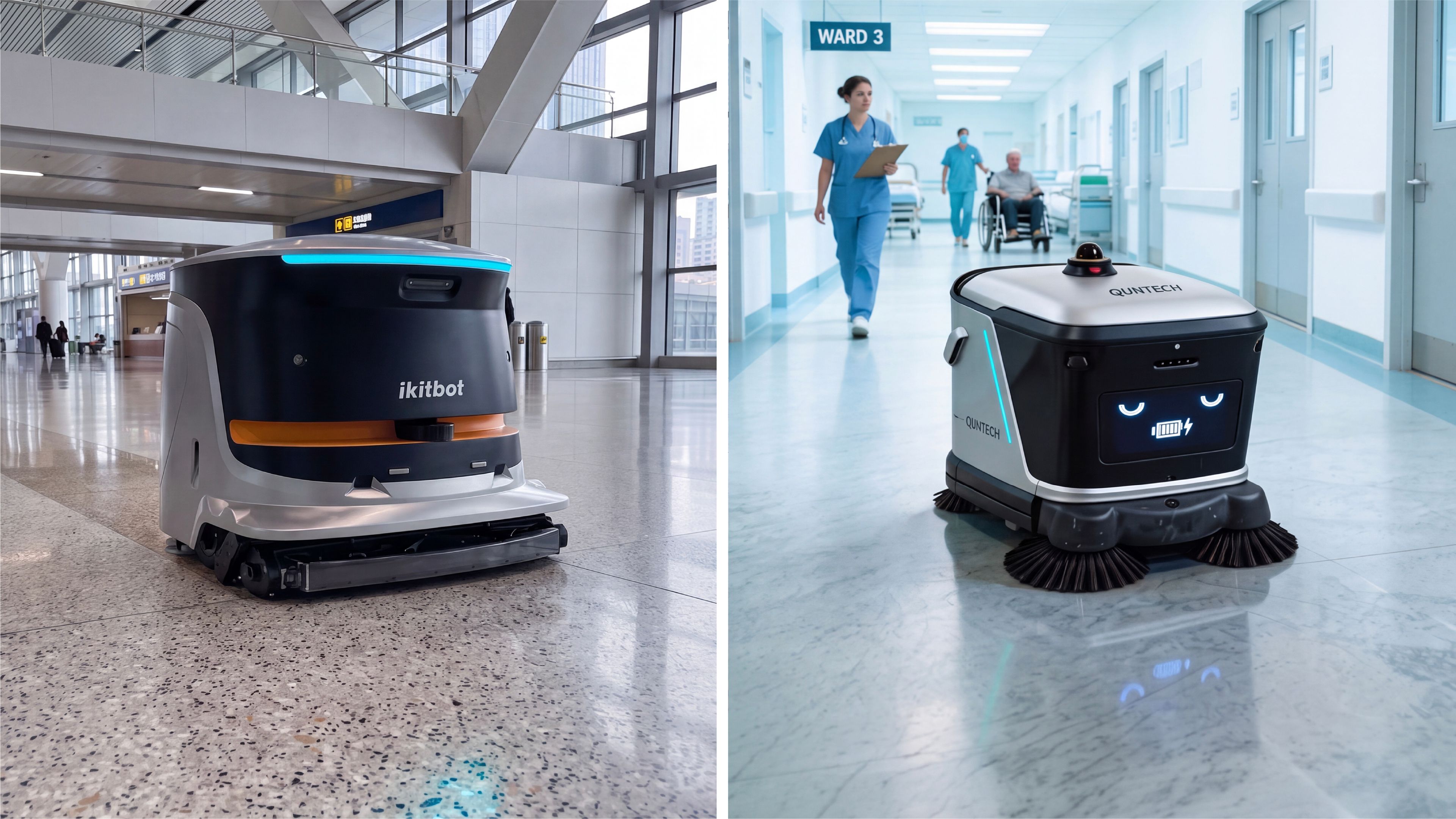 A robot autonomously cleans a hospital hallway, showcasing its advanced technology in maintaining hygiene.