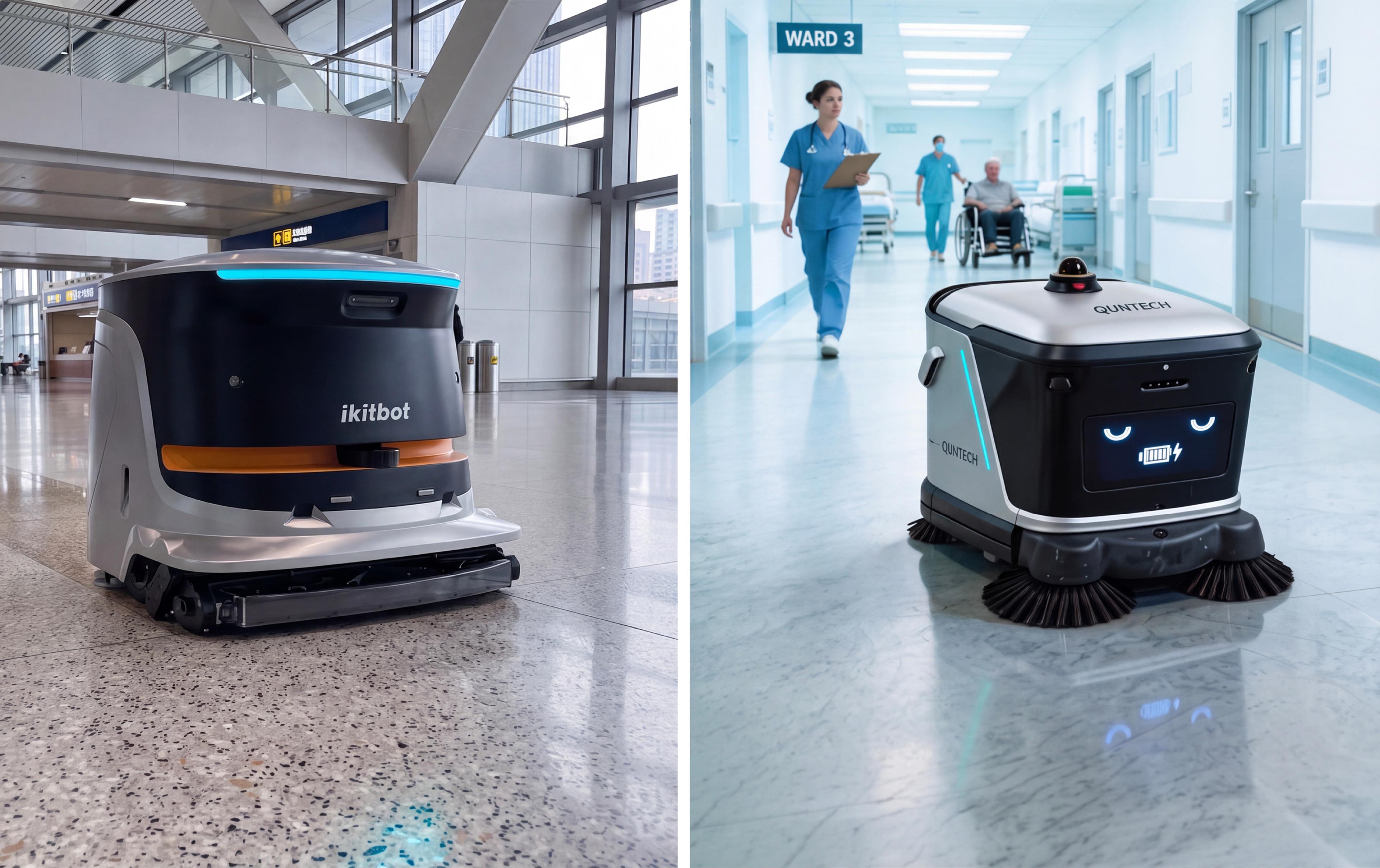 A robot autonomously cleans a hospital hallway, showcasing its advanced technology in maintaining hygiene.