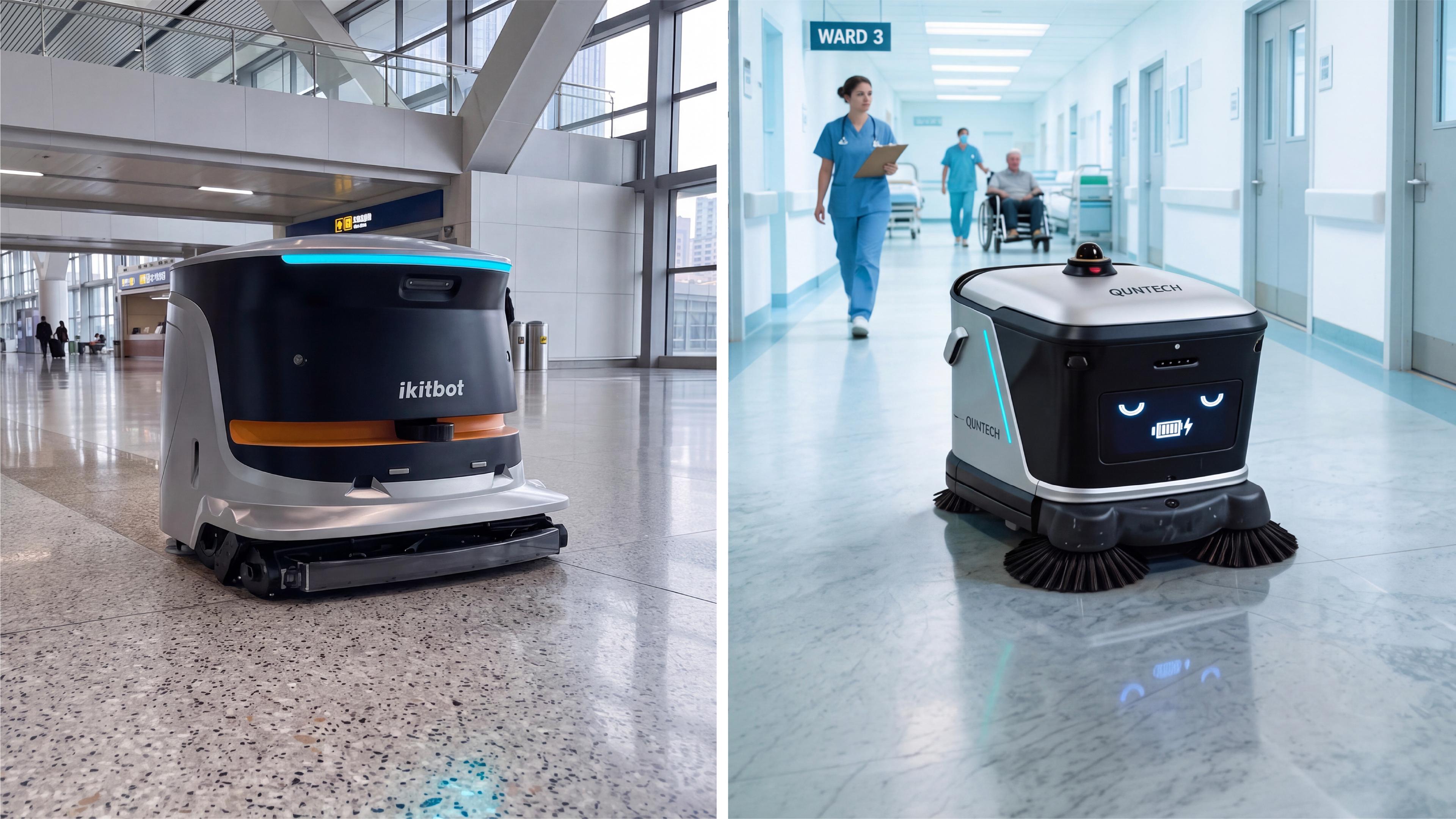 A robot autonomously cleans a hospital hallway, showcasing its advanced technology in maintaining hygiene.