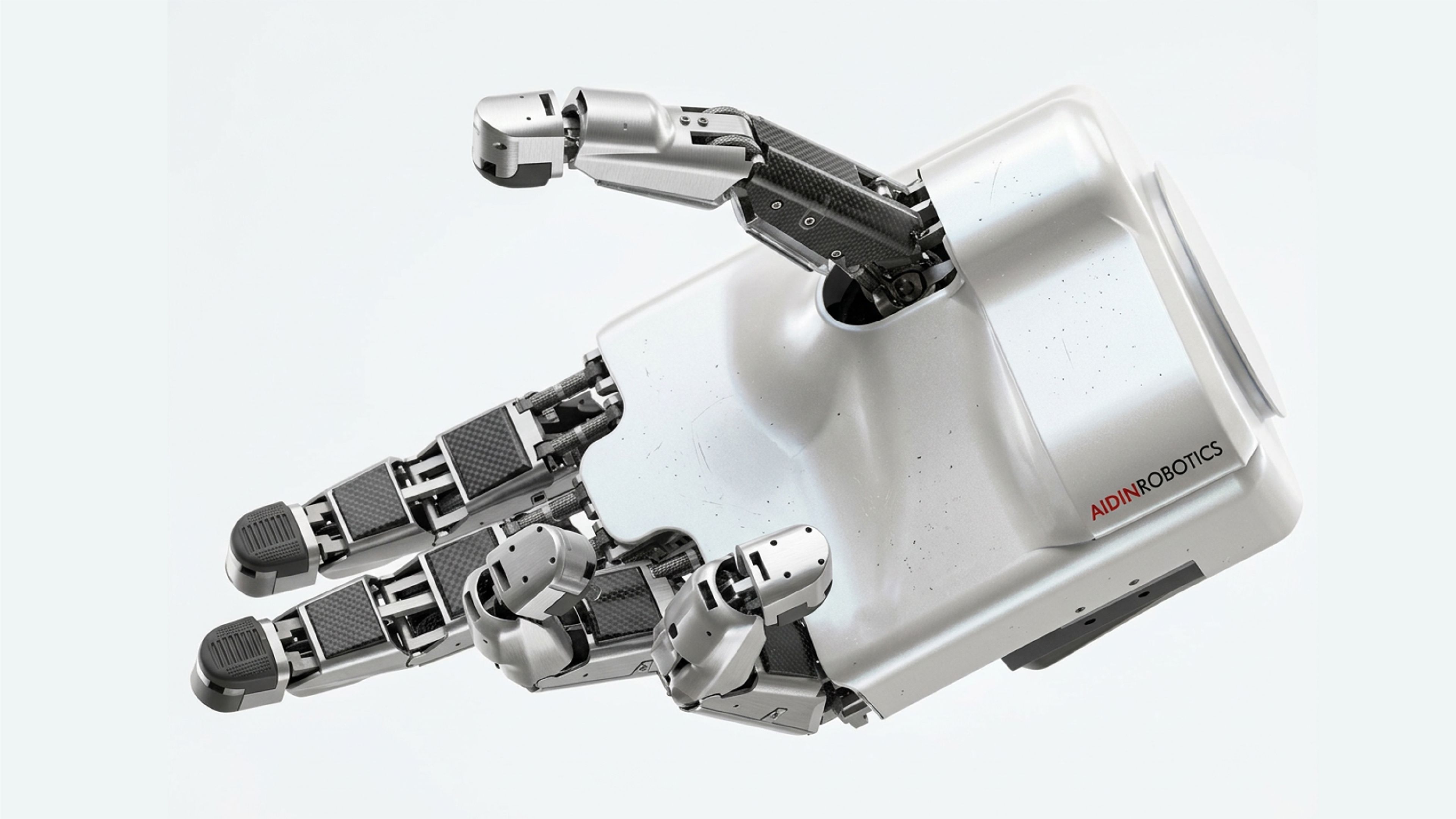 Close-up of an AIDIN Robotics five-finger robotic hand.