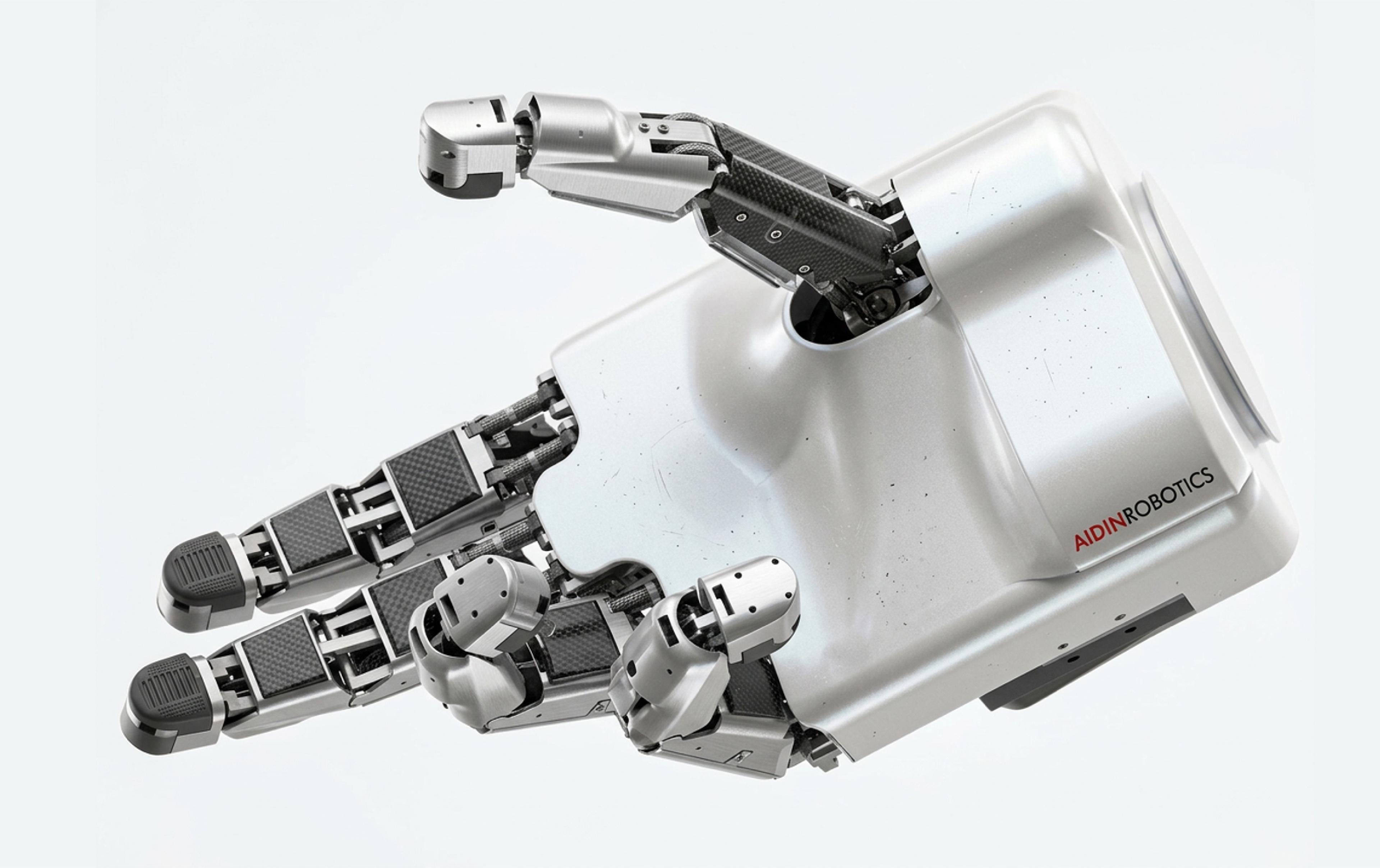 Close-up of an AIDIN Robotics five-finger robotic hand.