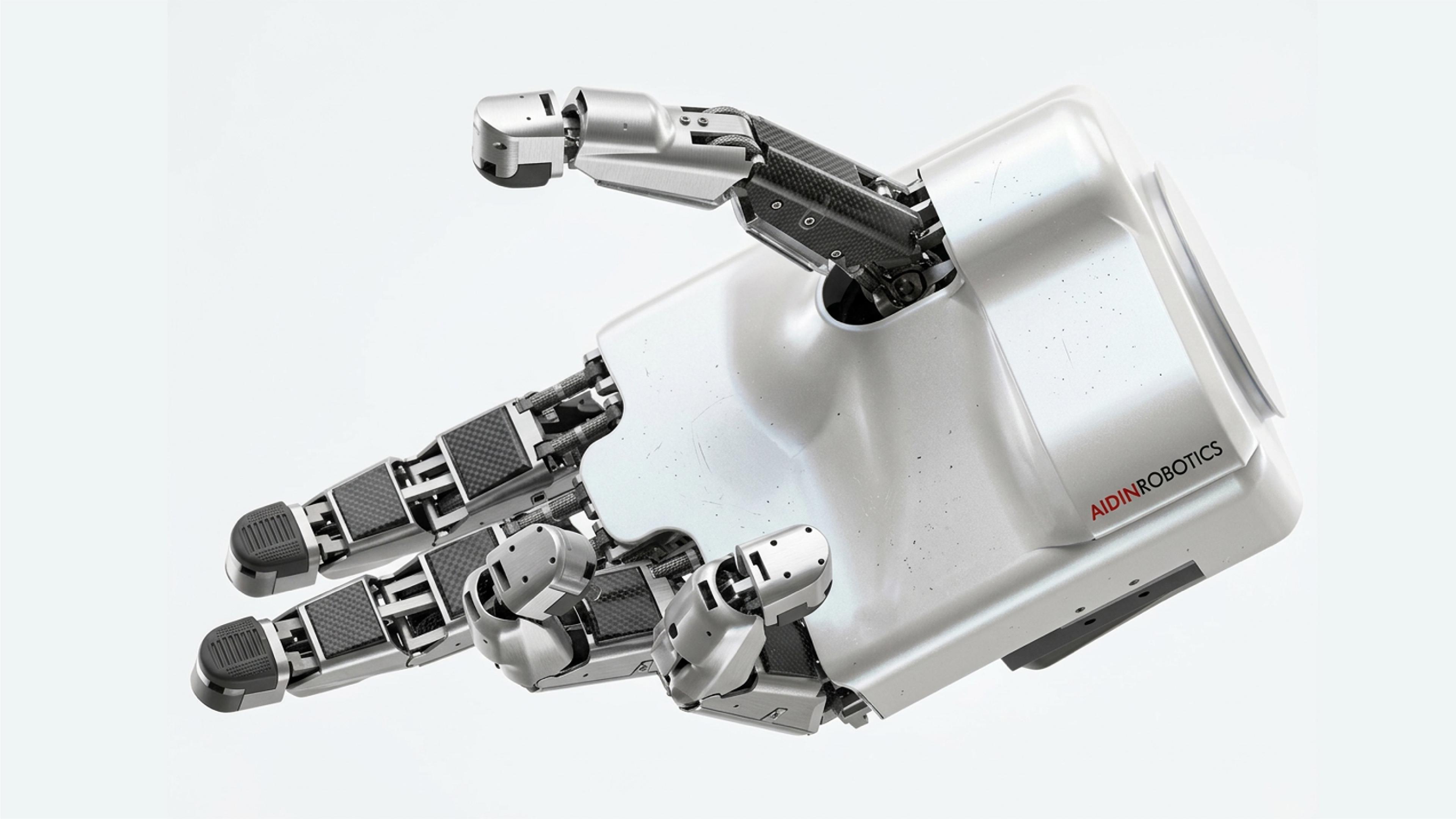 Close-up of an AIDIN Robotics five-finger robotic hand.