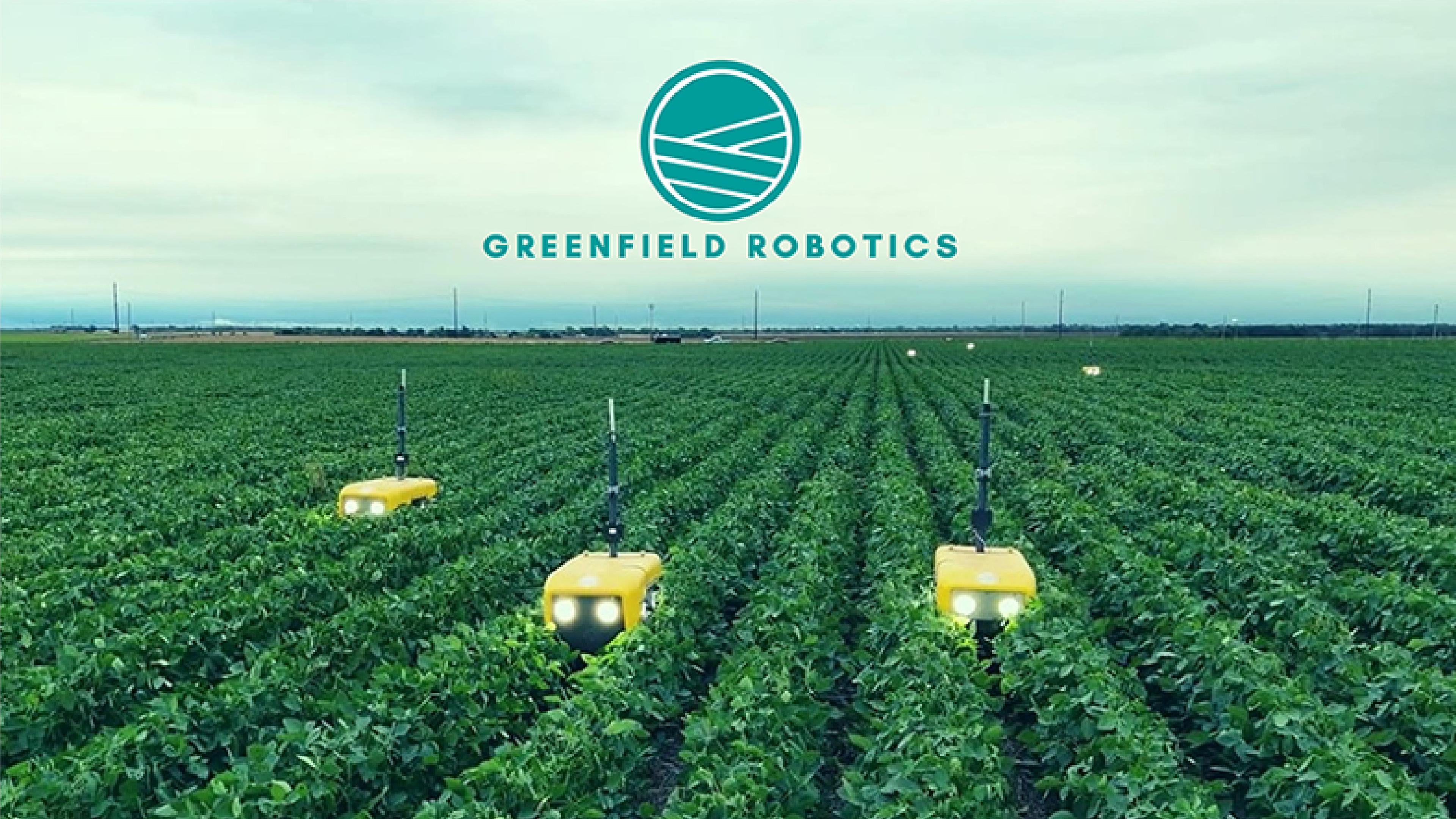 Three Greenfield Robotics agricultural robots move between rows of crops in a field beneath the company’s logo.