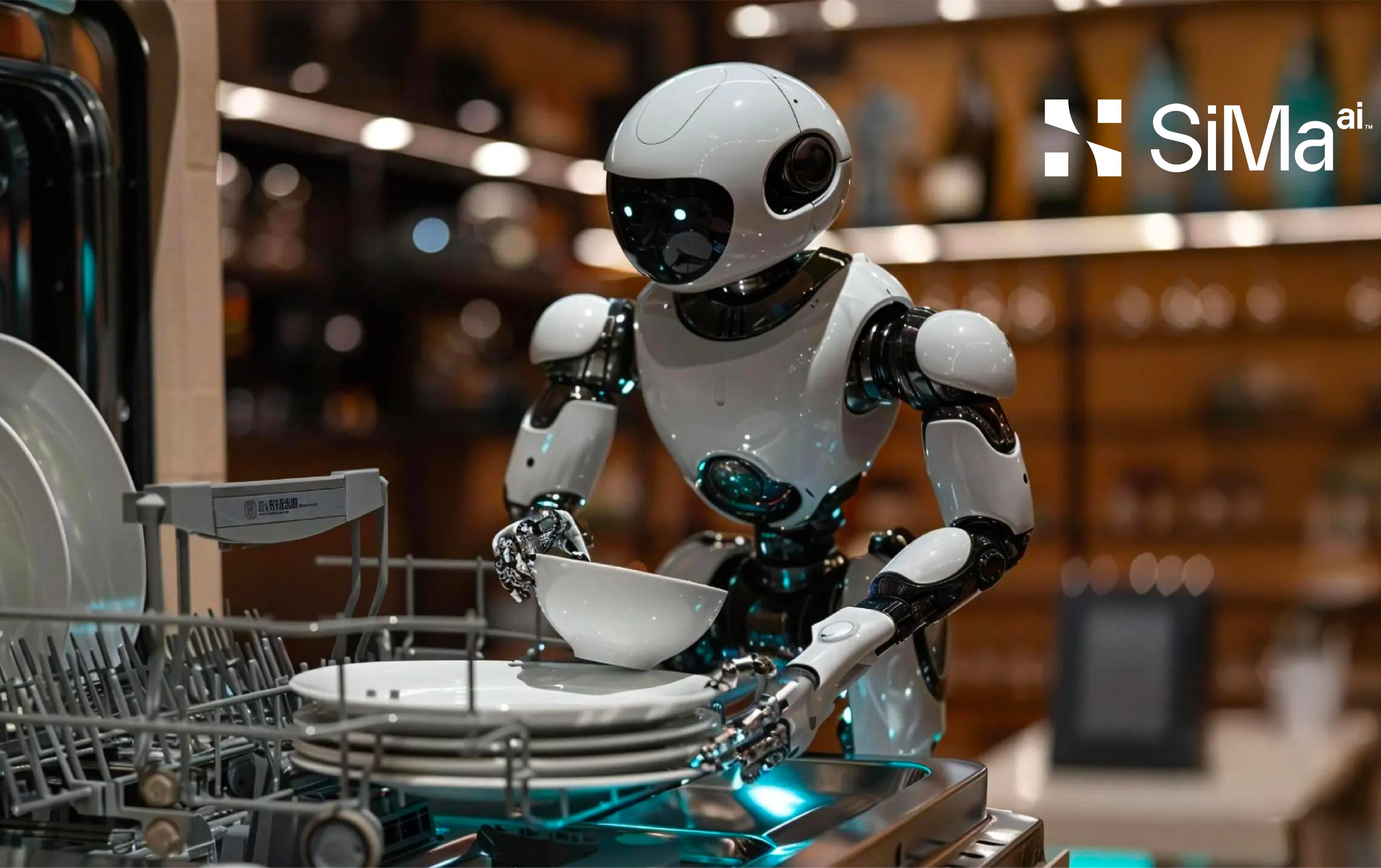 SiMa.ai-branded image of a humanoid robot loading dishes into a dishwasher.