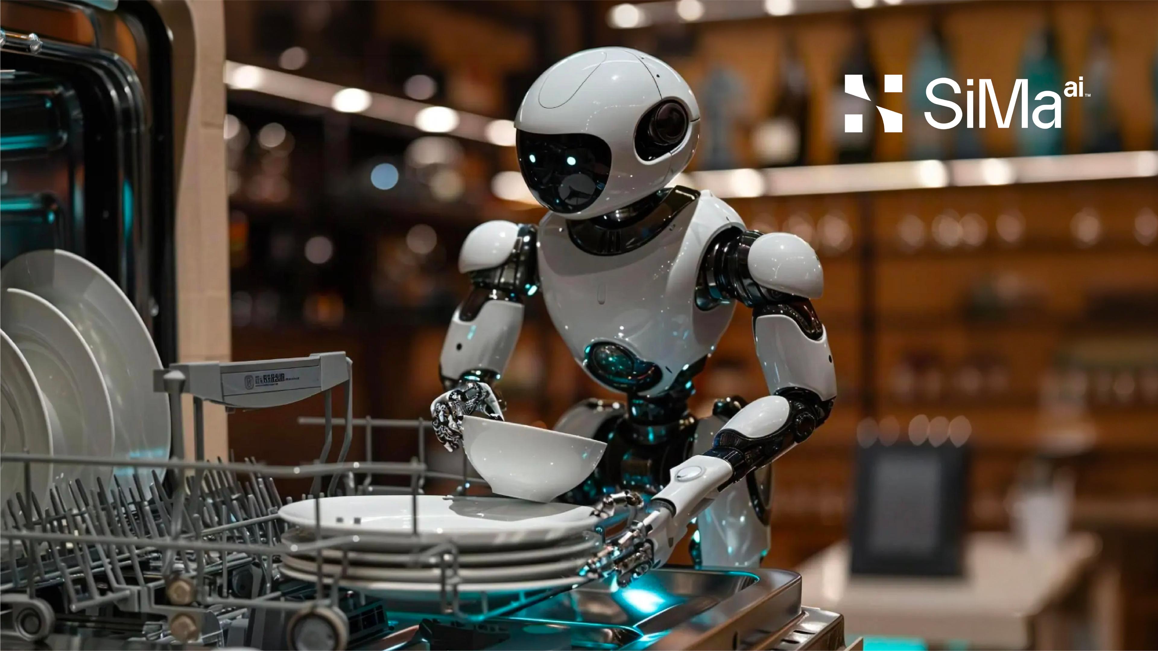 SiMa.ai-branded image of a humanoid robot loading dishes into a dishwasher.
