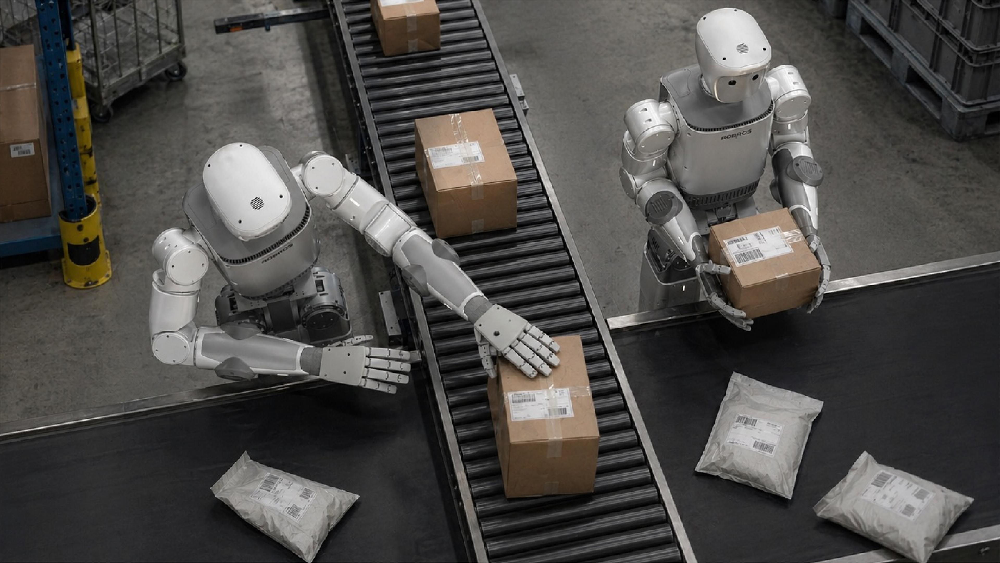 Two Robros humanoid robots handle cardboard packages beside a roller conveyor in a warehouse sorting area.
