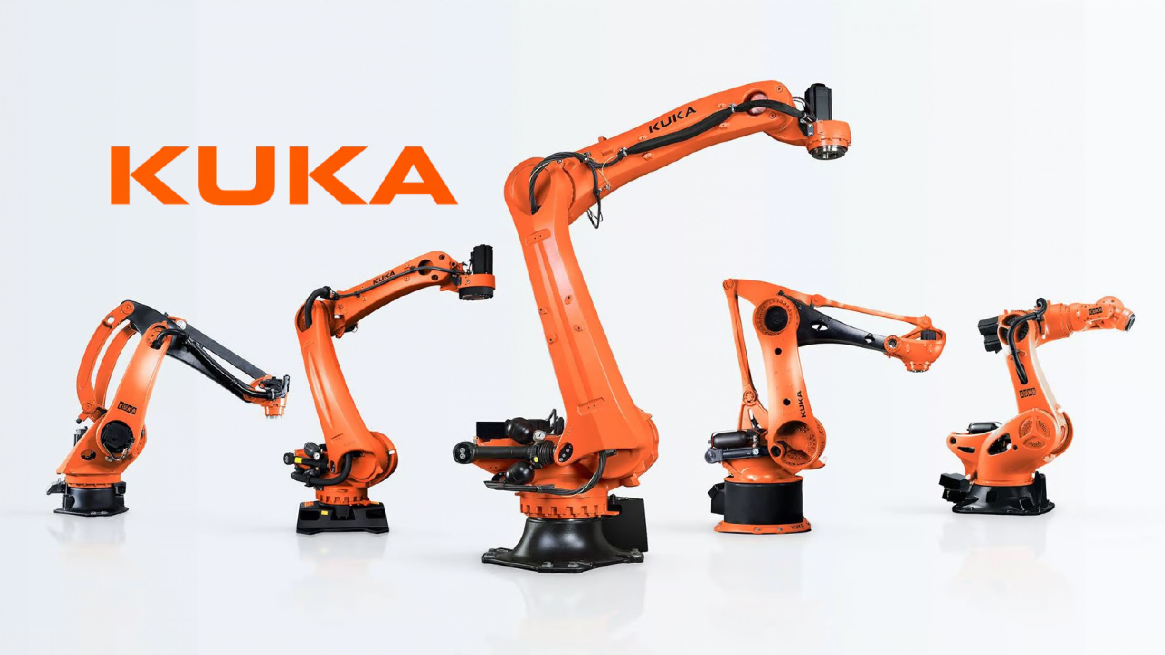Five orange KUKA industrial robotic arms of different sizes displayed alongside the KUKA logo.