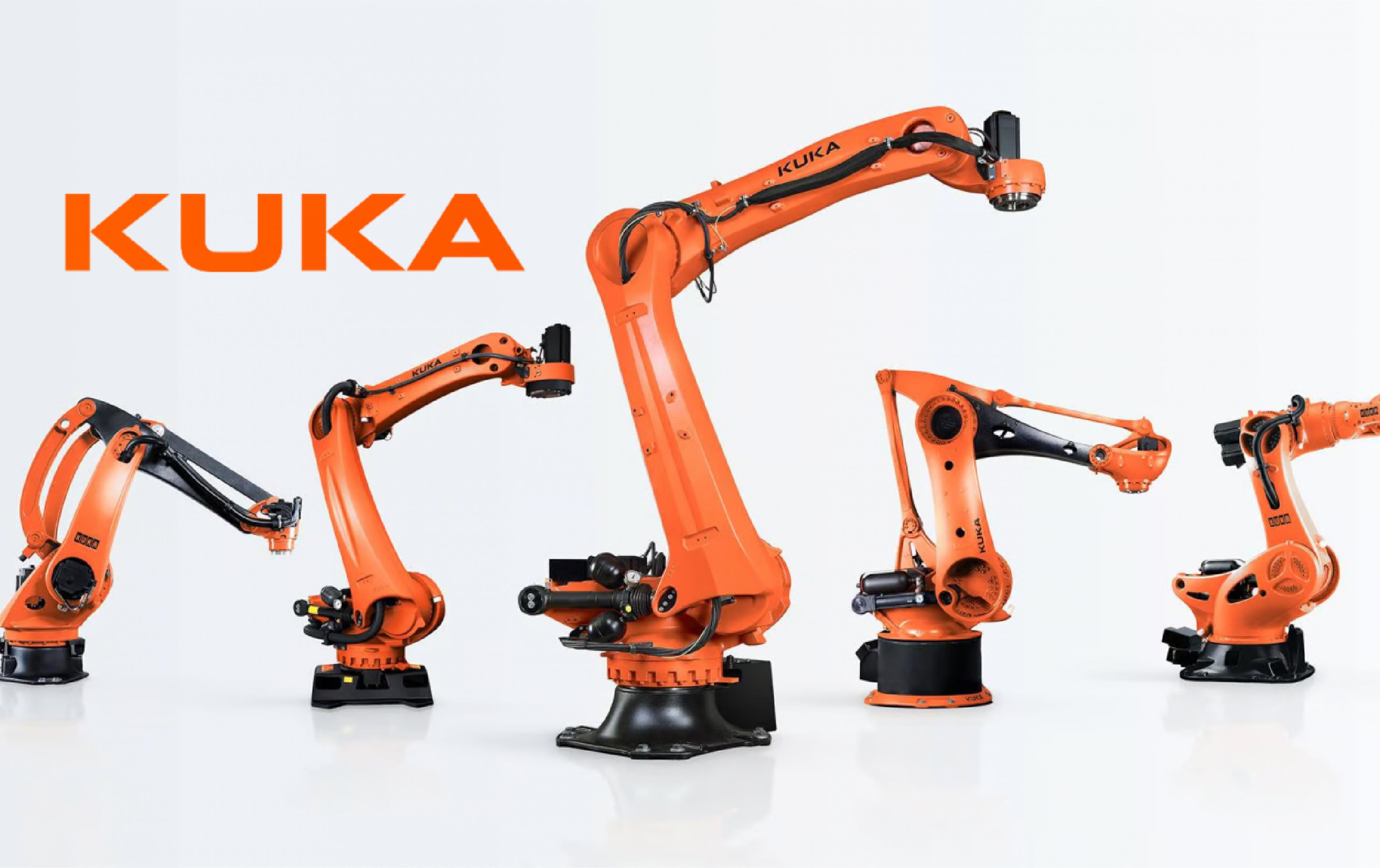 Five orange KUKA industrial robotic arms of different sizes displayed alongside the KUKA logo.