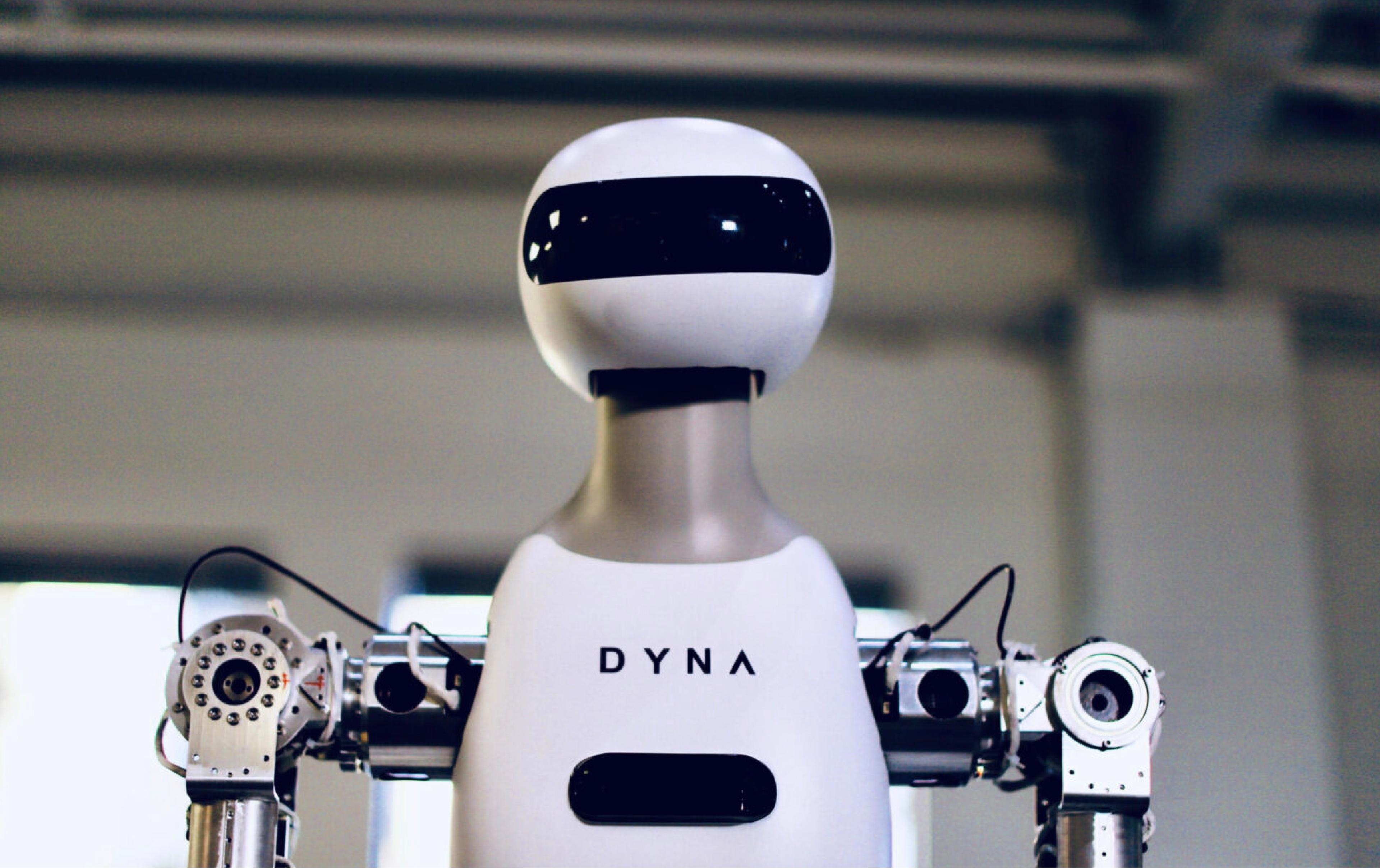 Dyna Robotics’ Taku semi-humanoid robot, featuring two articulated arms and a wheeled mobile base.