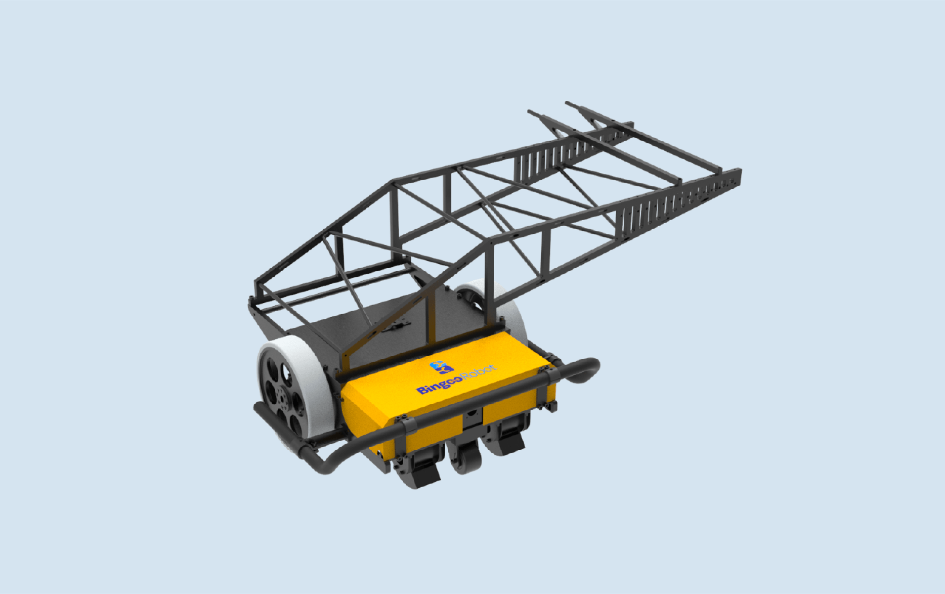 3D model of a crane displayed against a blue background, showcasing its structure and design features.
