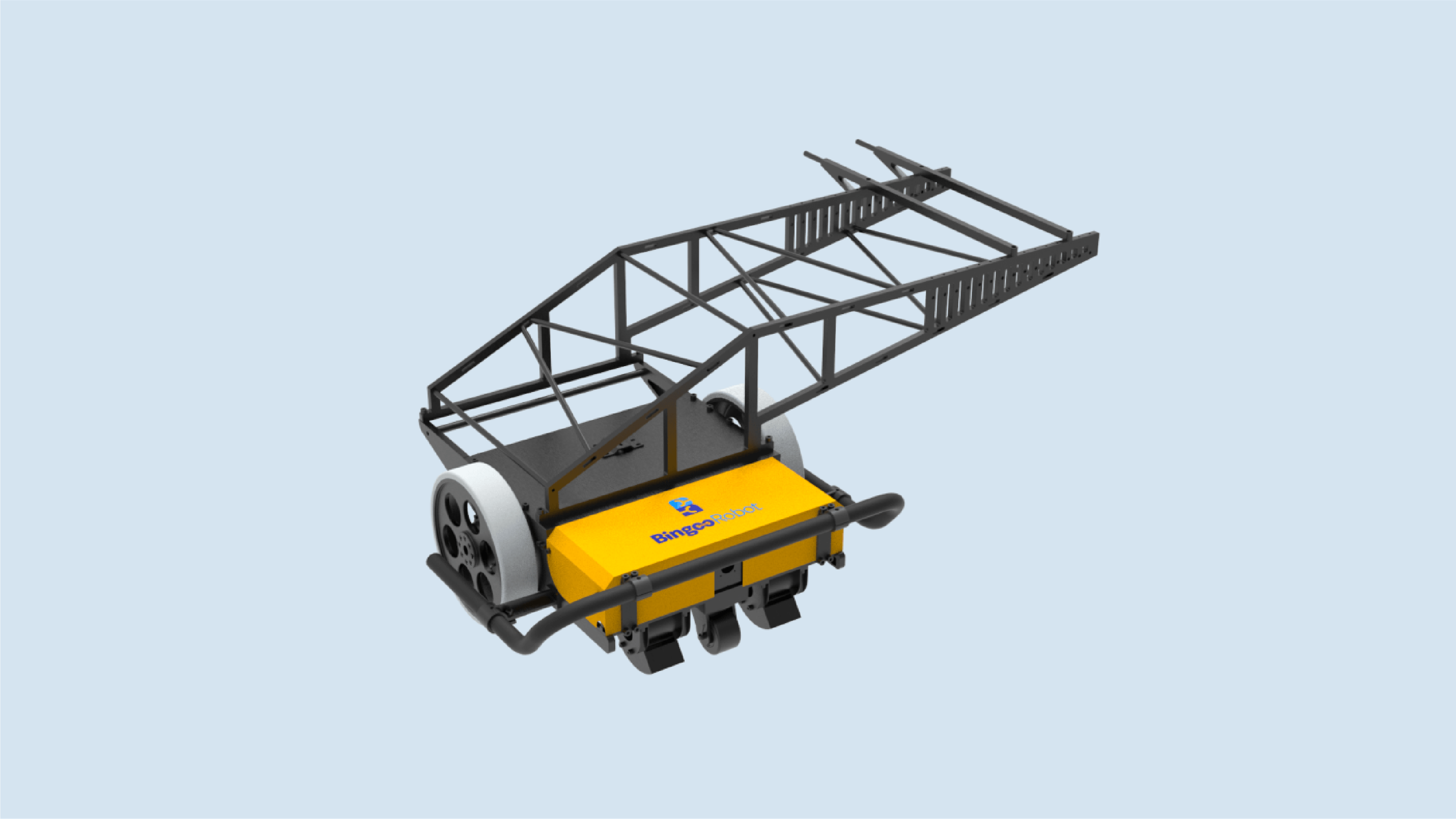 3D model of a crane displayed against a blue background, showcasing its structure and design features.