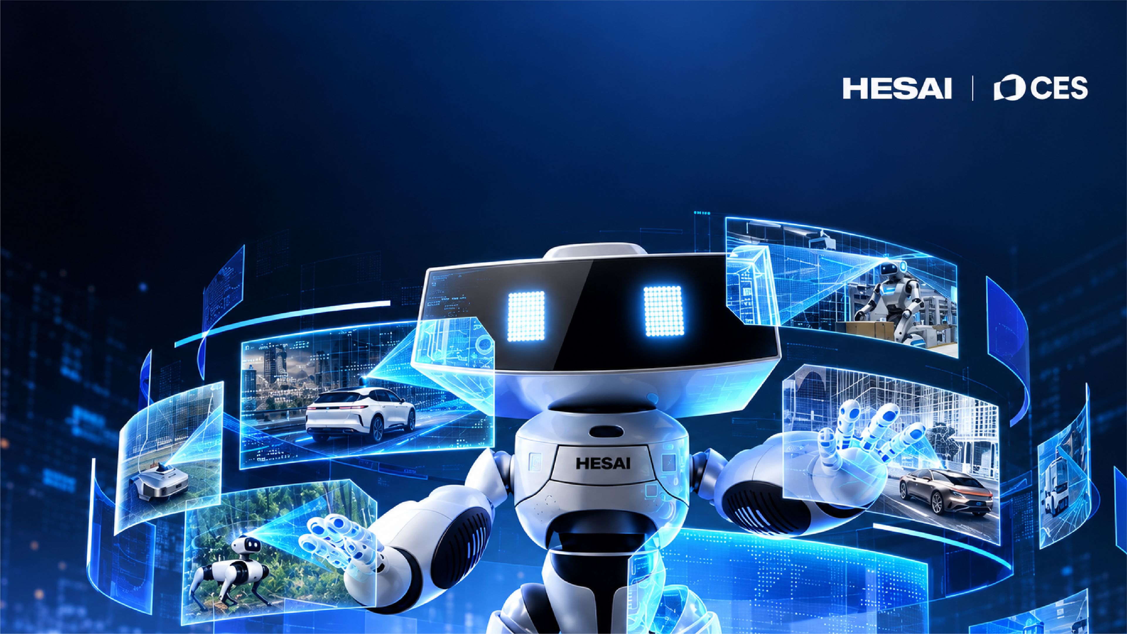 A Hesai-branded humanoid robot surrounded by 3D spatial sensing technology applications.
