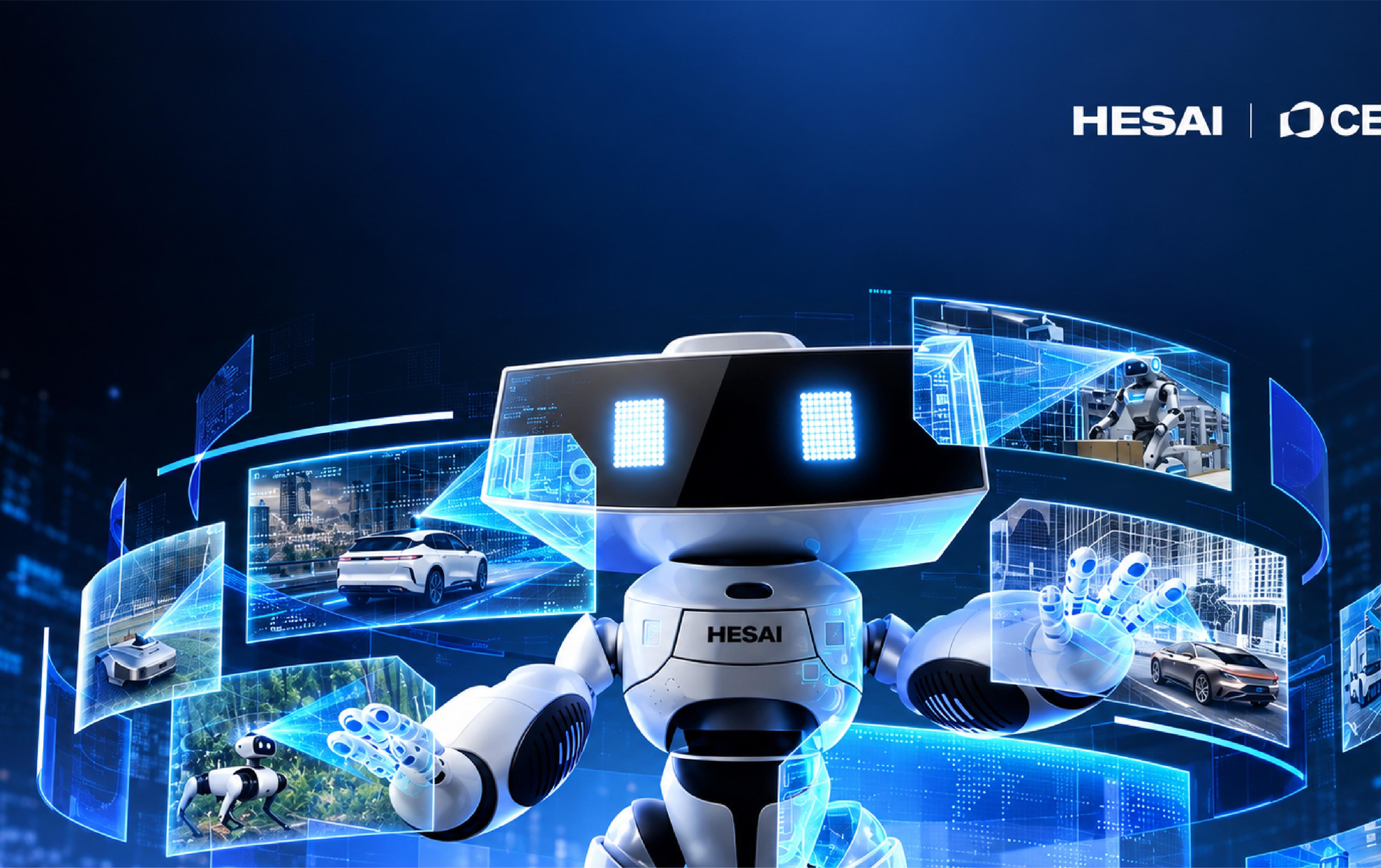 A Hesai-branded humanoid robot surrounded by 3D spatial sensing technology applications.
