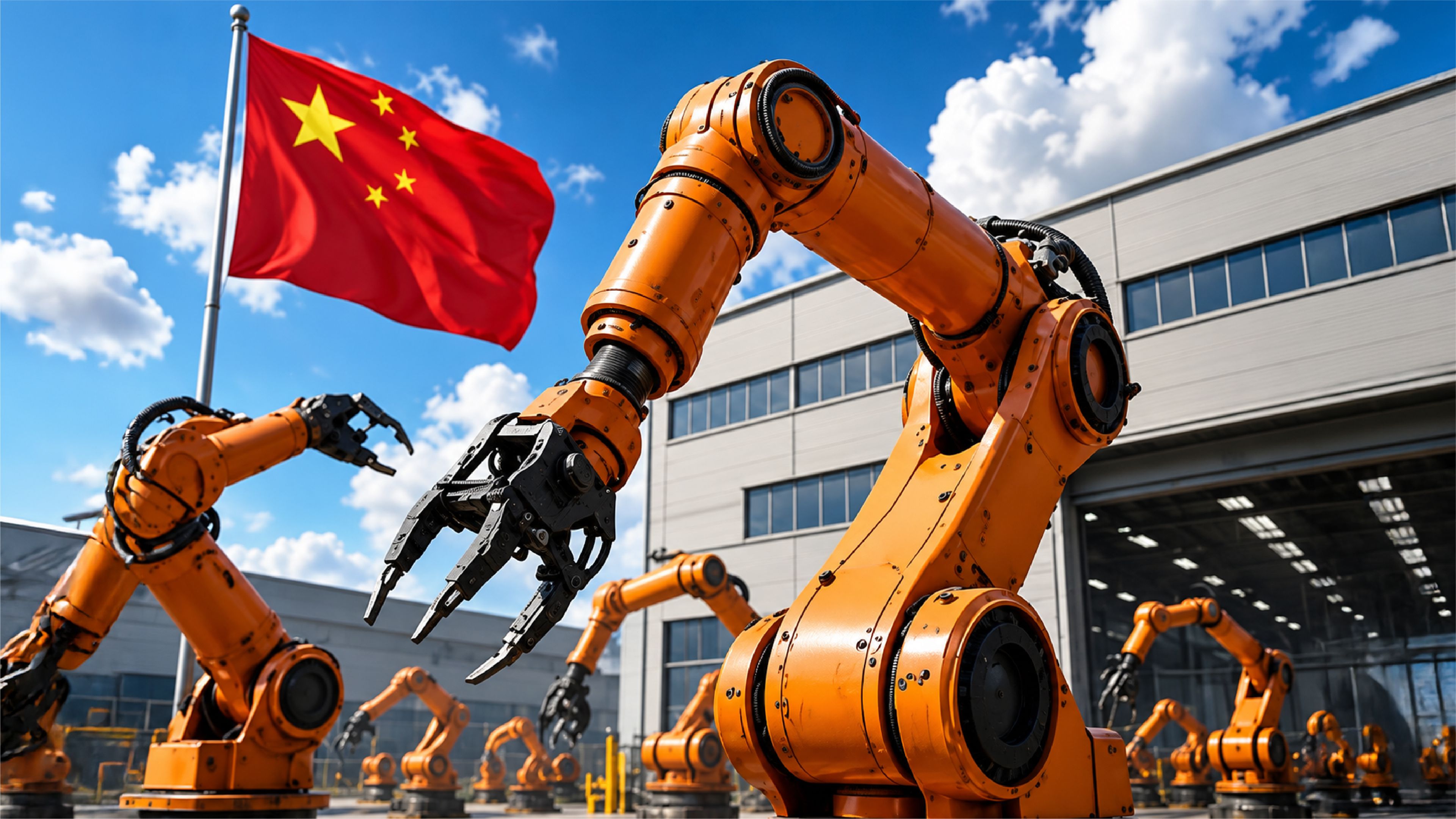 Orange industrial robotic arms outside a factory building, with a Chinese national flag flying in the background.