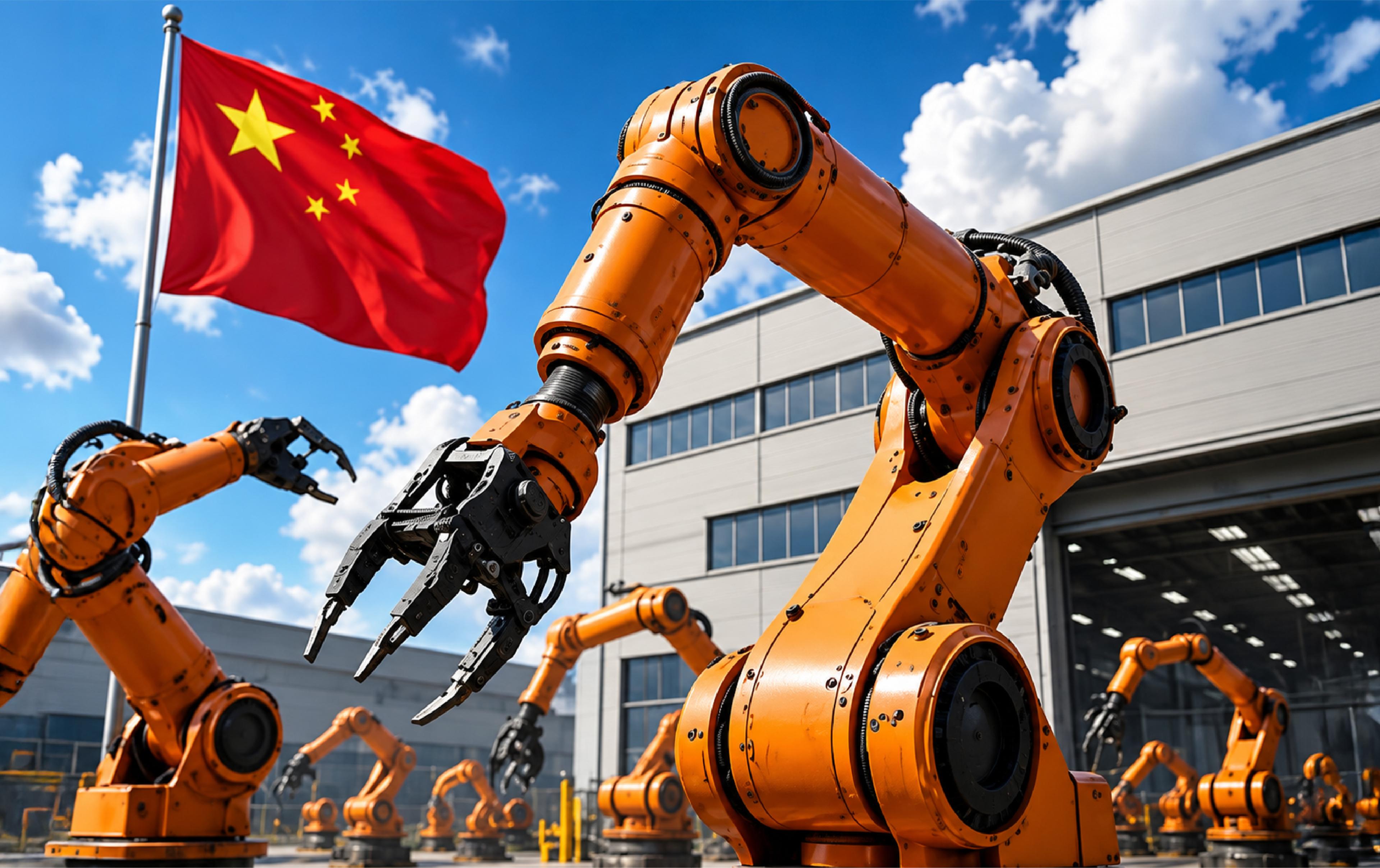 Orange industrial robotic arms outside a factory building, with a Chinese national flag flying in the background.