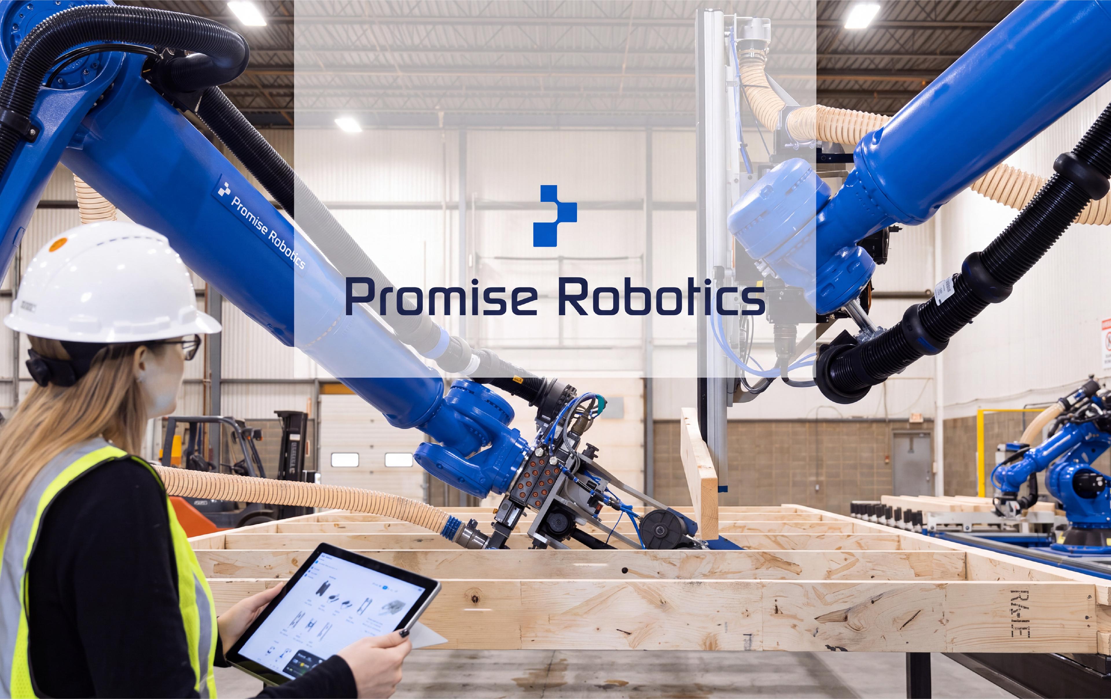A worker holding a tablet monitors large blue Promise Robotics industrial robotic arms assembling wooden framing components.