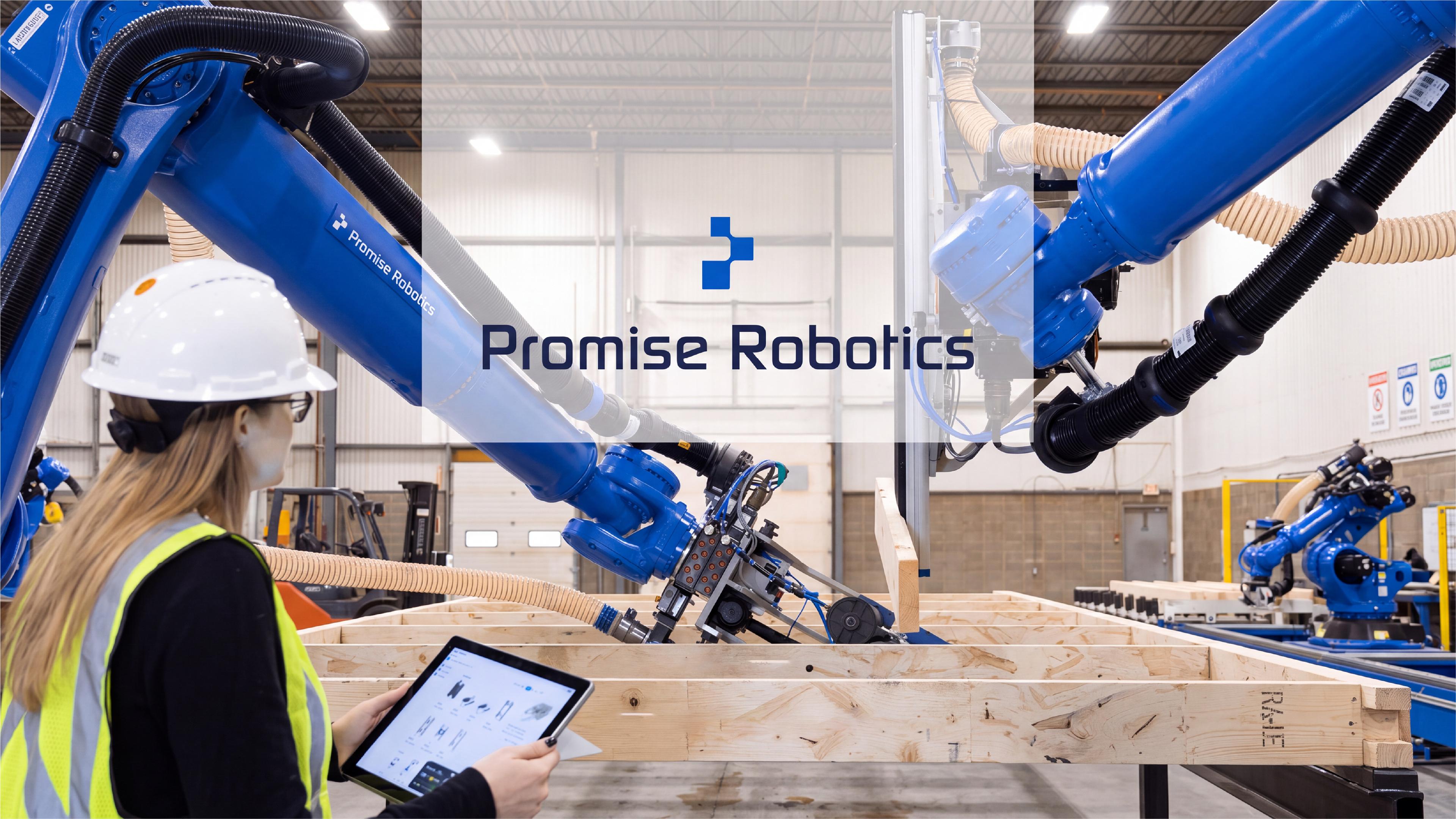 A worker holding a tablet monitors large blue Promise Robotics industrial robotic arms assembling wooden framing components.