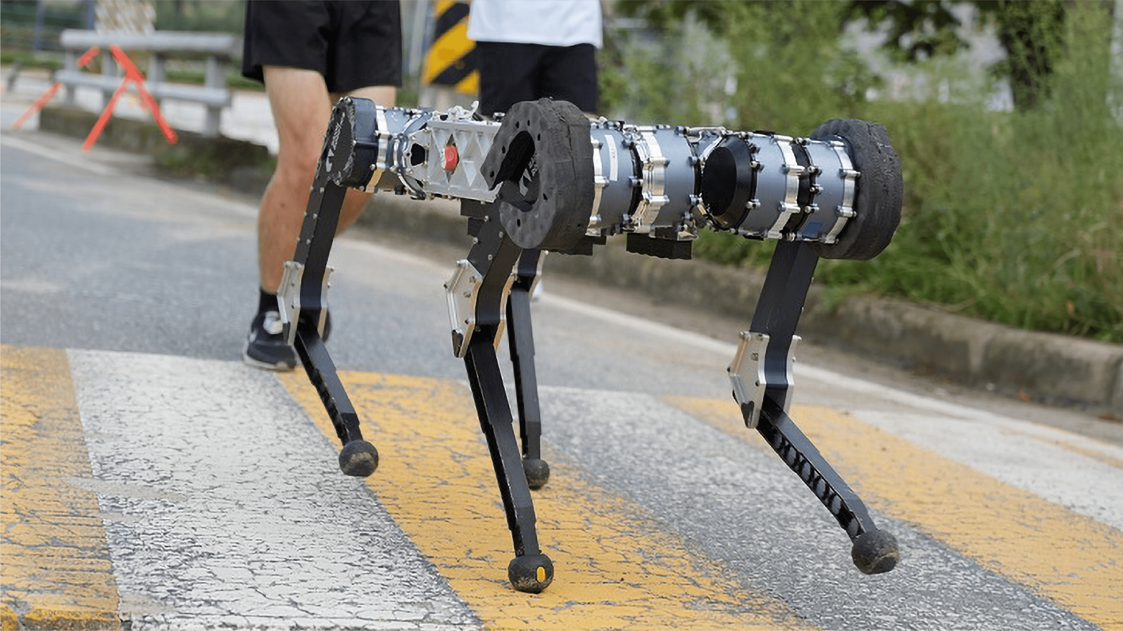A man walks along the street accompanied by a robotic dog, showcasing a blend of technology and companionship.