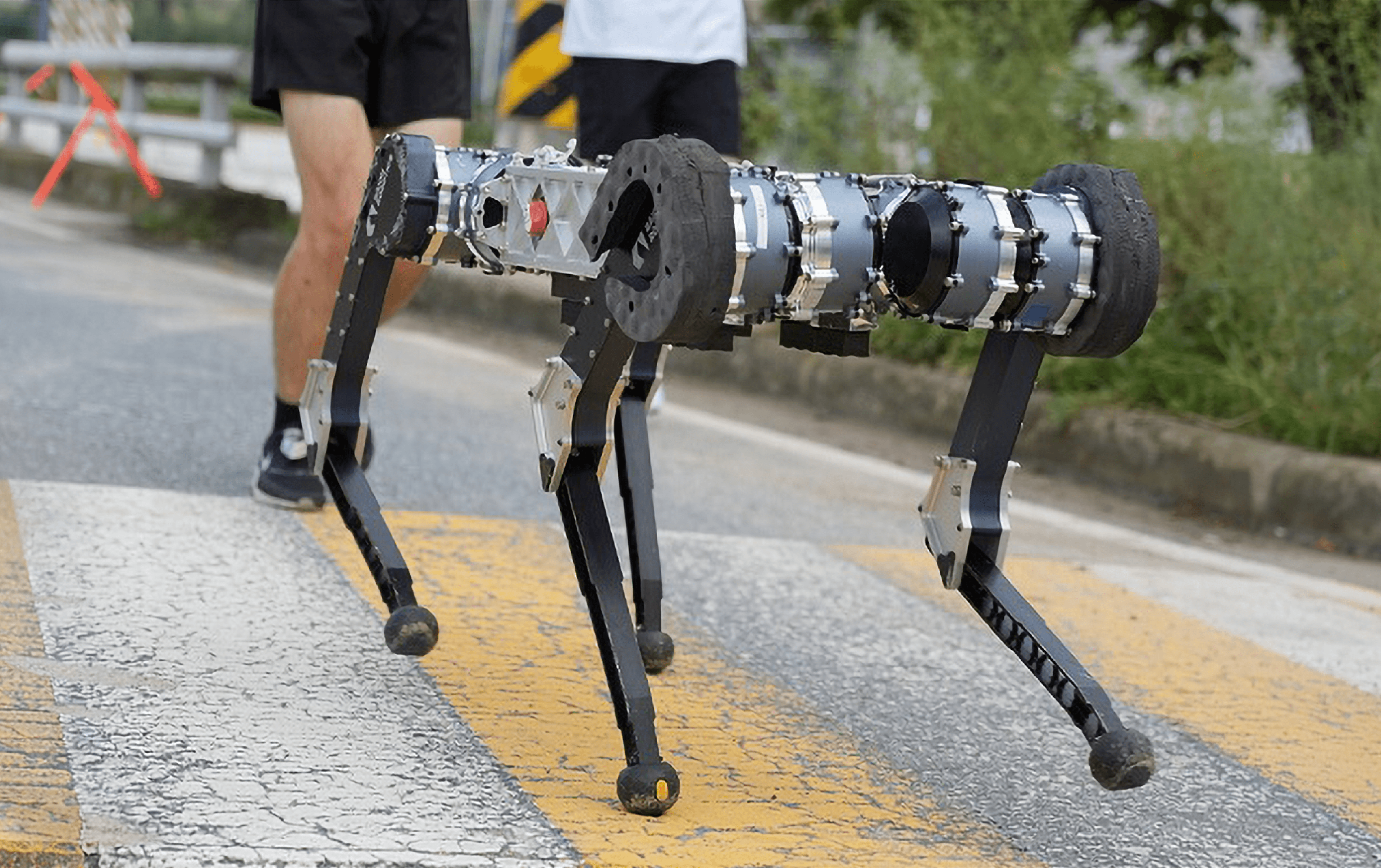 A man walks along the street accompanied by a robotic dog, showcasing a blend of technology and companionship.