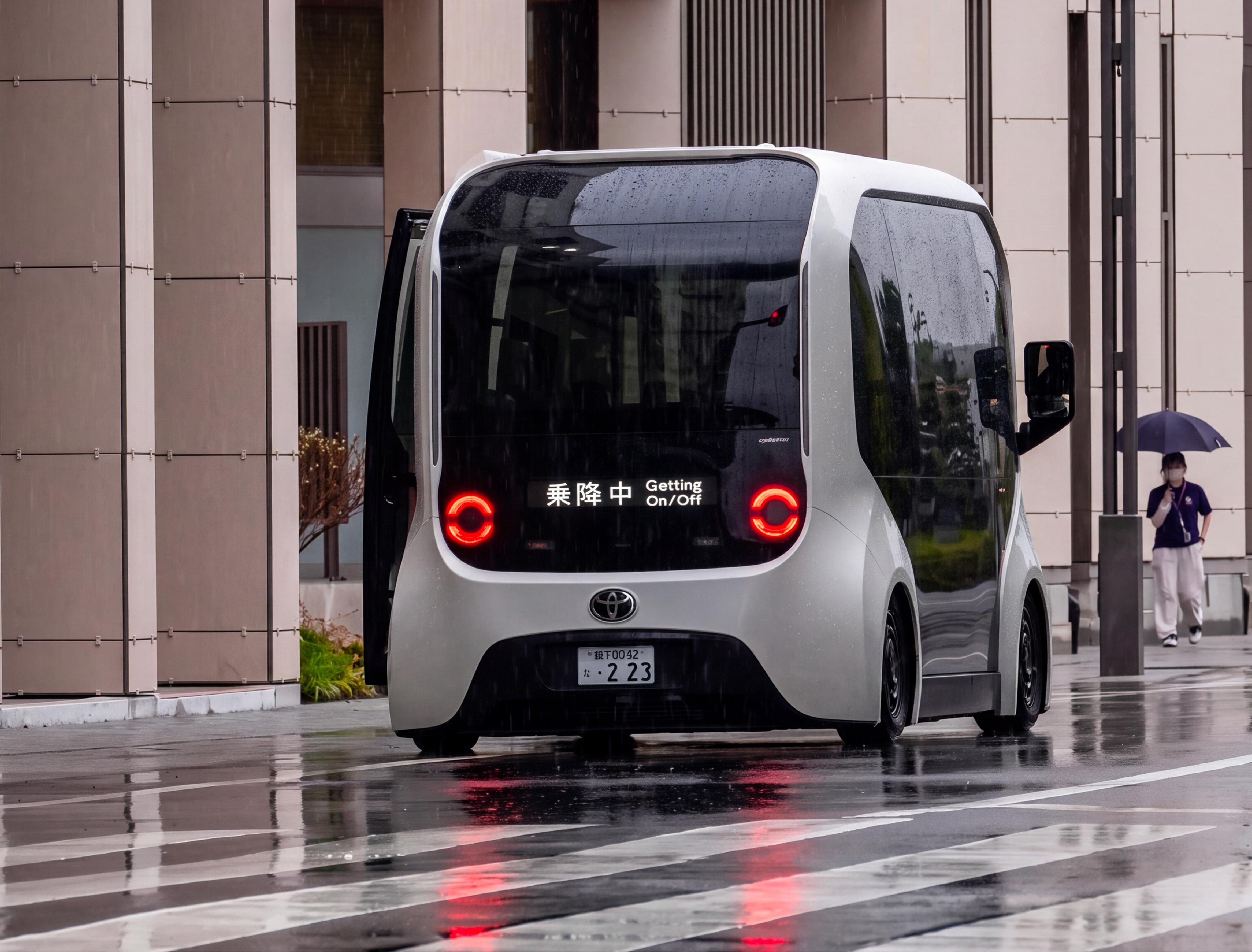 A compact autonomous shuttle stopped on a wet street outside a modern building in Japan, with a pedestrian holding an umbrella in the background.