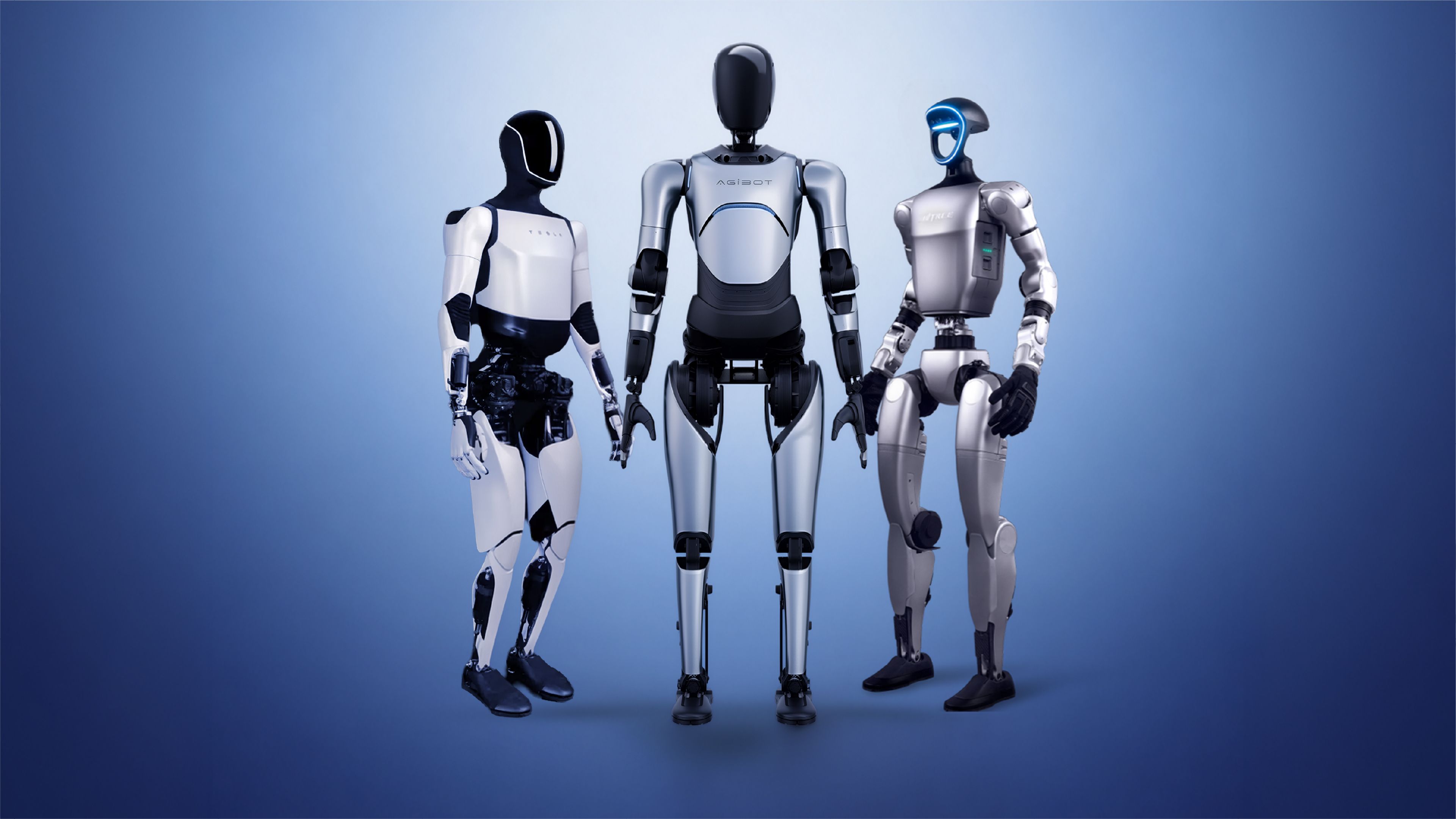 Three humanoid robots of different designs standing side by side on a blue studio background