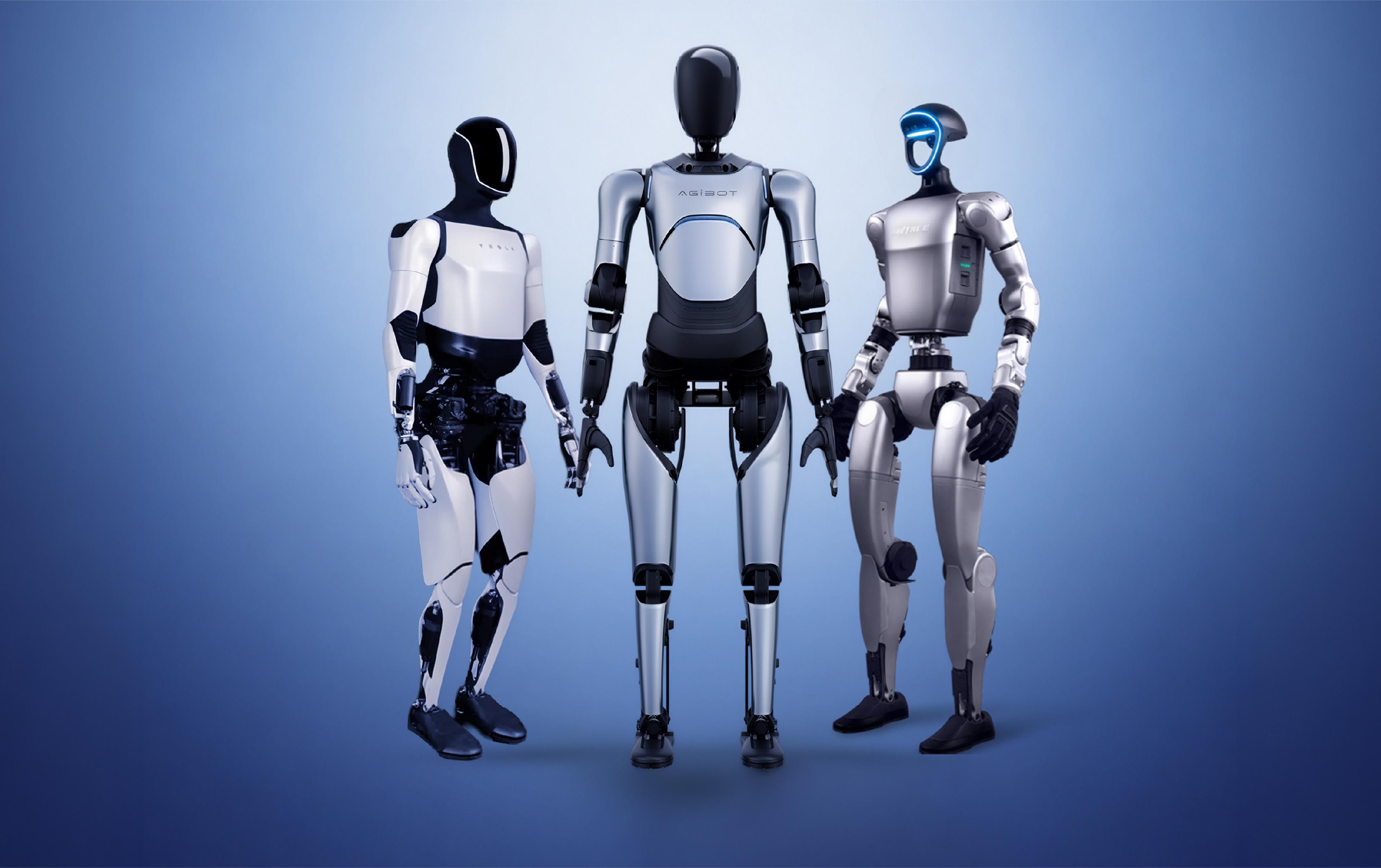 Three humanoid robots of different designs standing side by side on a blue studio background