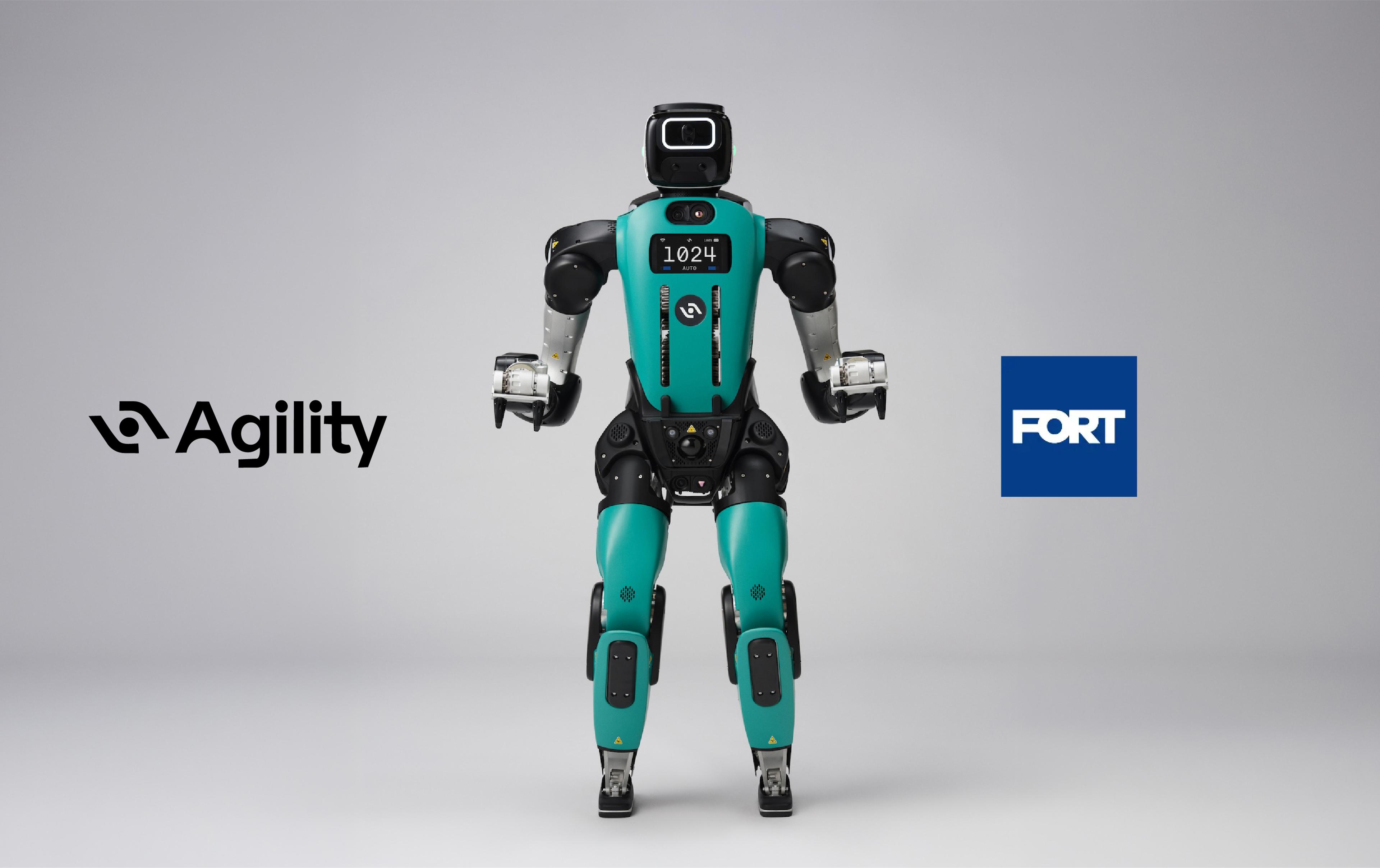 Agility Robotics’ Digit 5 humanoid robot pictured between the Agility and FORT Robotics logos.