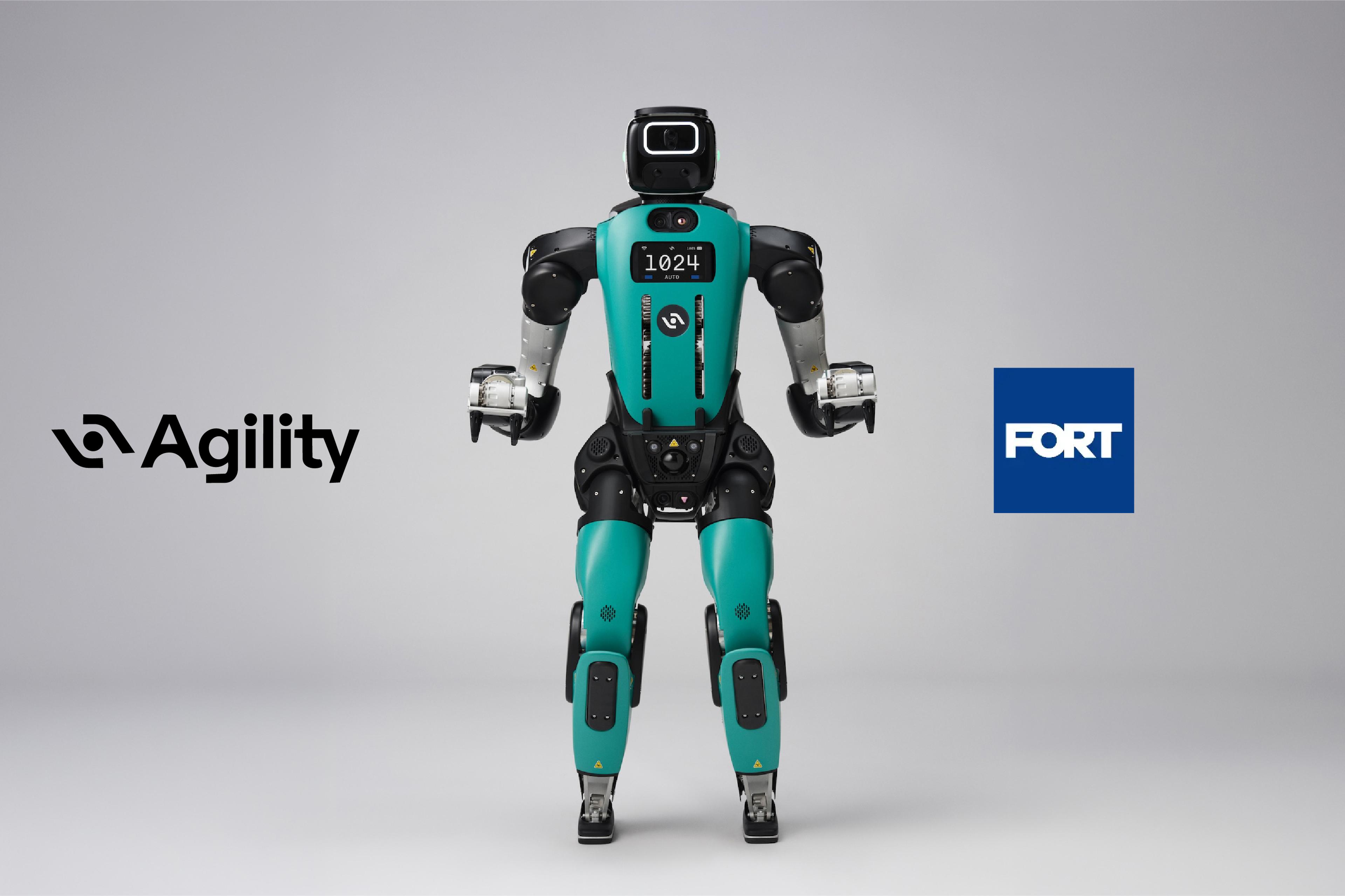 Agility Robotics’ Digit 5 humanoid robot pictured between the Agility and FORT Robotics logos.